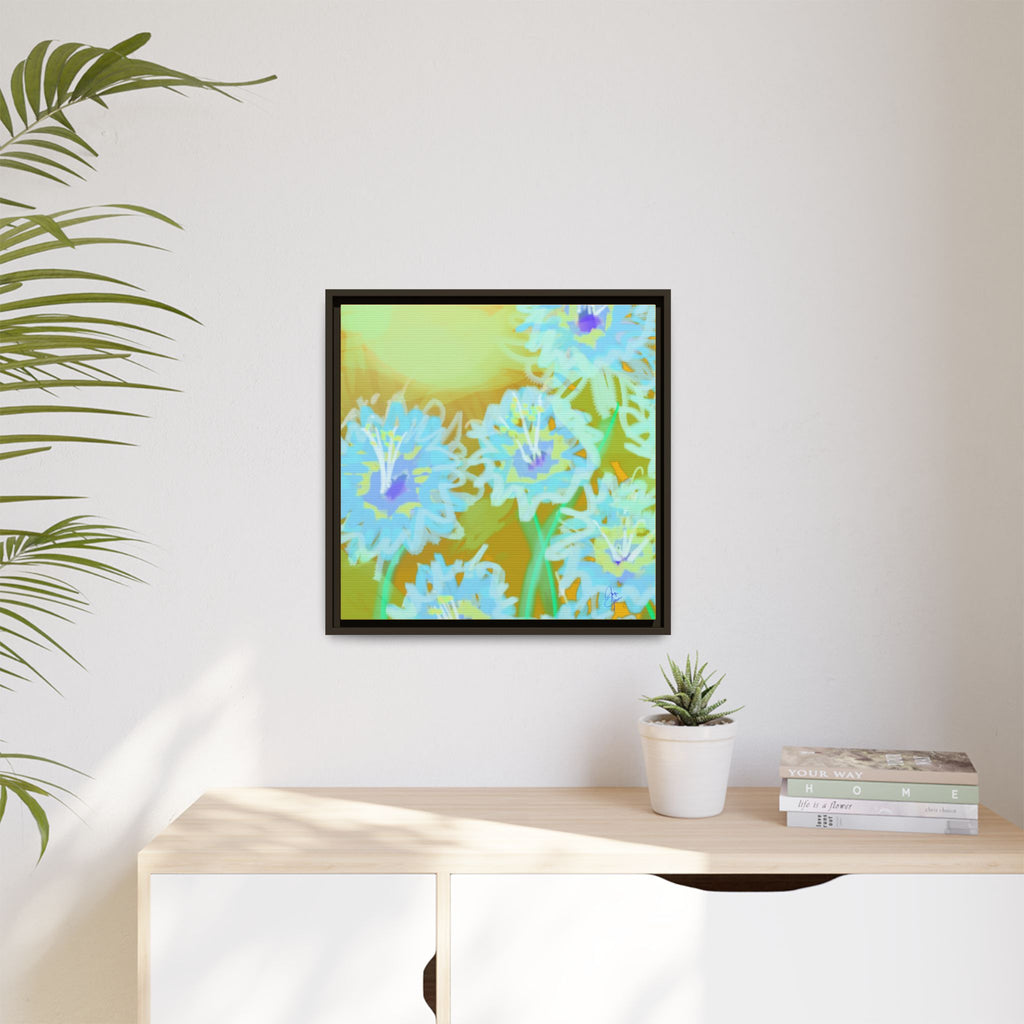 Framed Floral Canvas Art — Blue & Yellow Abstract Bouquet (Matte)