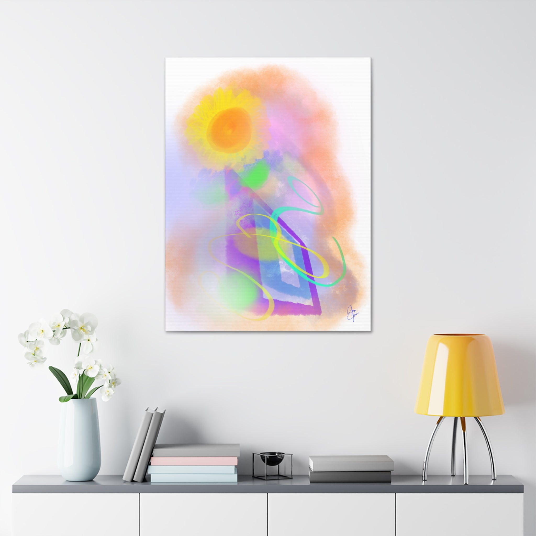 Abstract Sunrise Canvas Wall Art – Bright Pastel Sun & Swirls (1.5" Stretched)