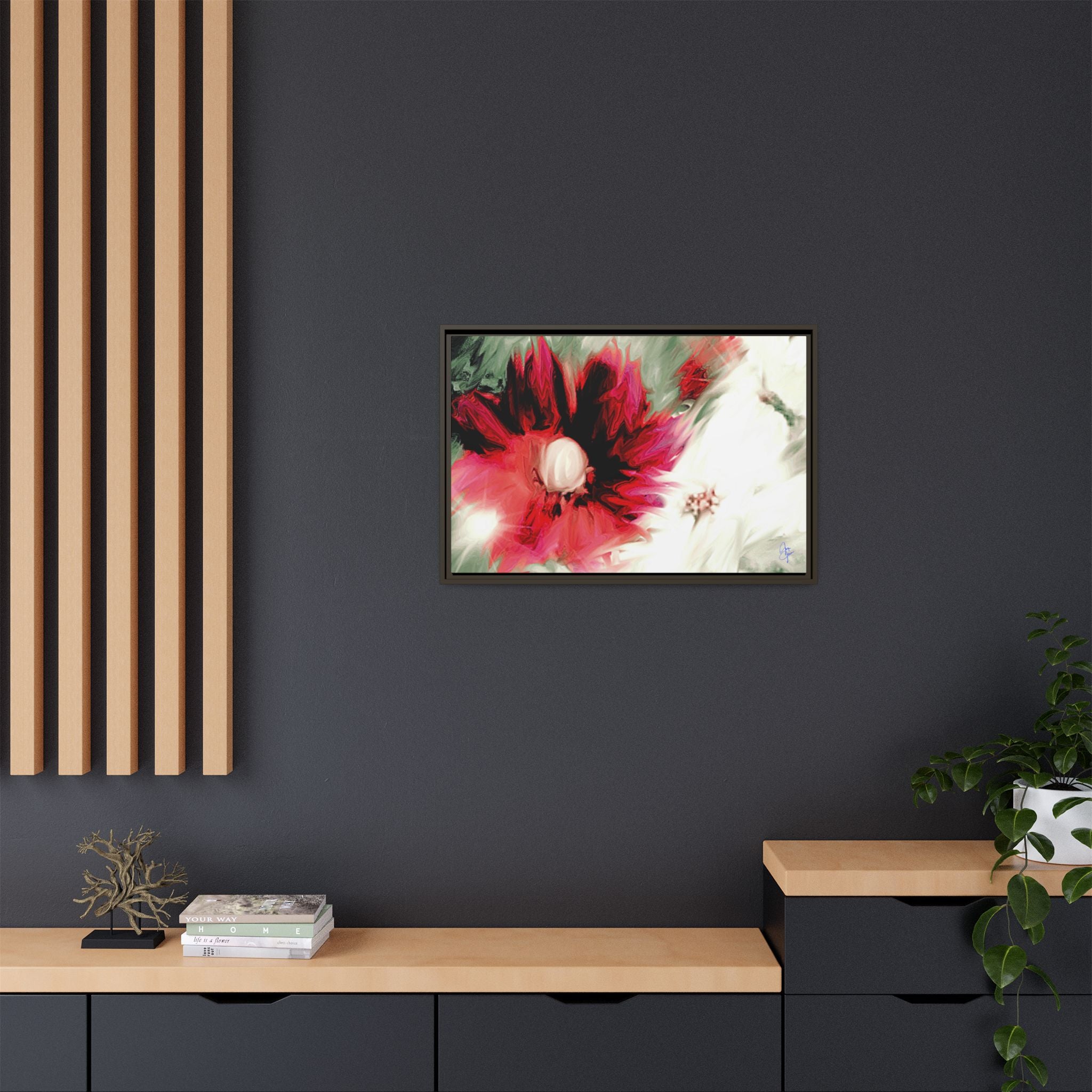 Framed Matte Canvas Print — Blurred Red & White Floral Art