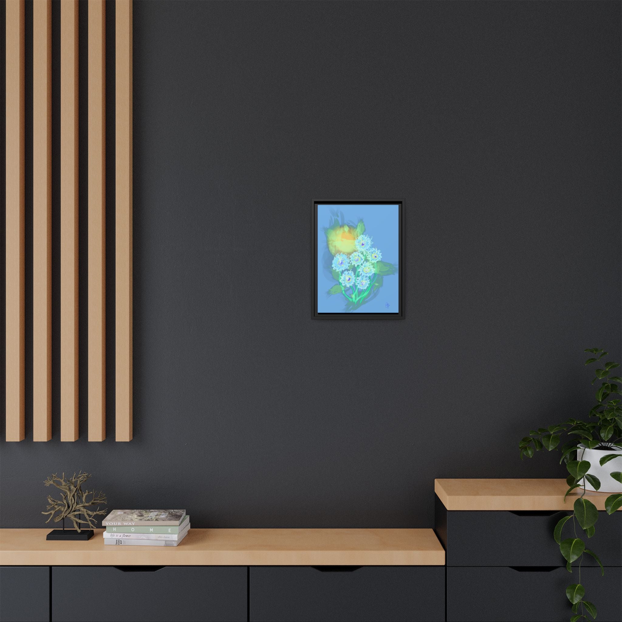 Framed Floral Canvas Art — Blue & Yellow Abstract Bouquet (Matte)