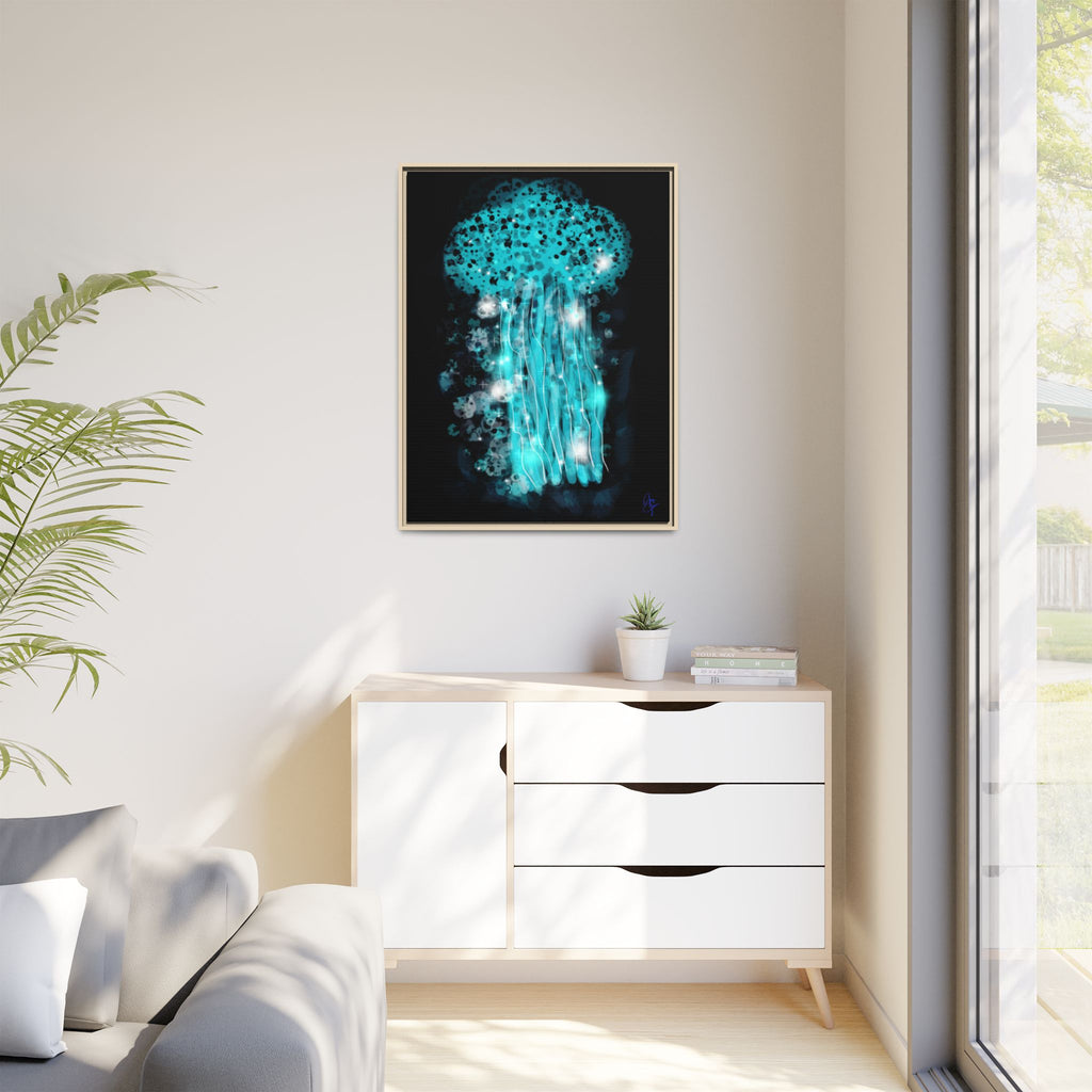 Glowing Jellyfish Art Print — Framed Matte Canvas