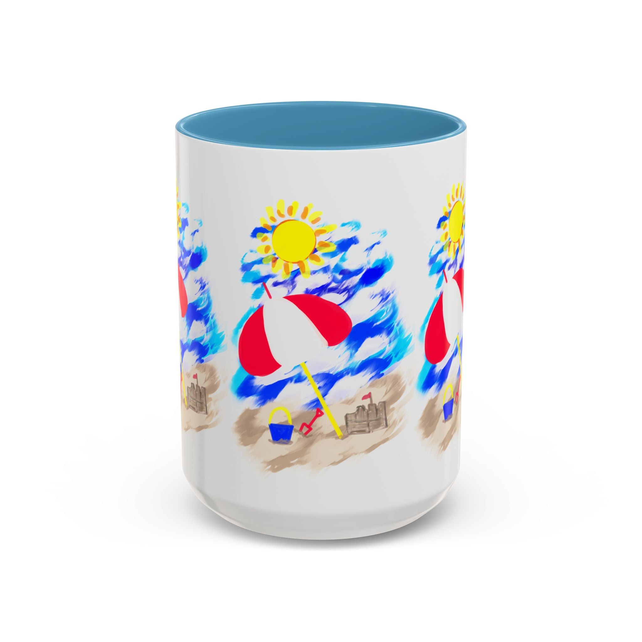 Beach Scene Coffee Mug – Summer Umbrella, Sun & Sandcastle Accent Mug