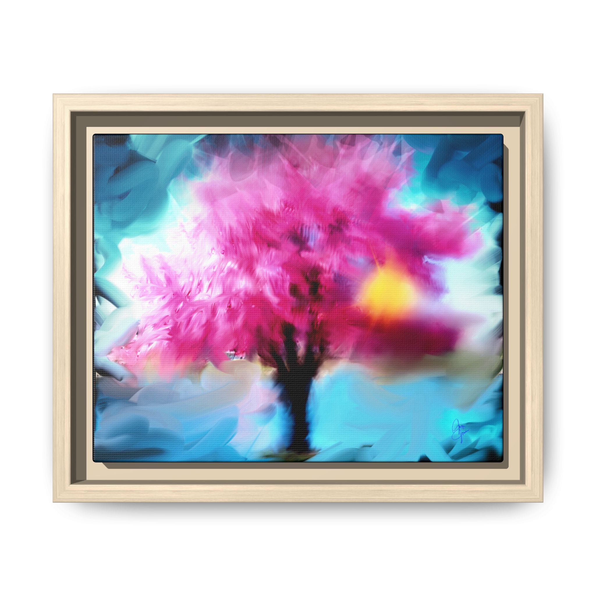 Framed Abstract Blossom Canvas — Vertical Pink & Blue Wall Art