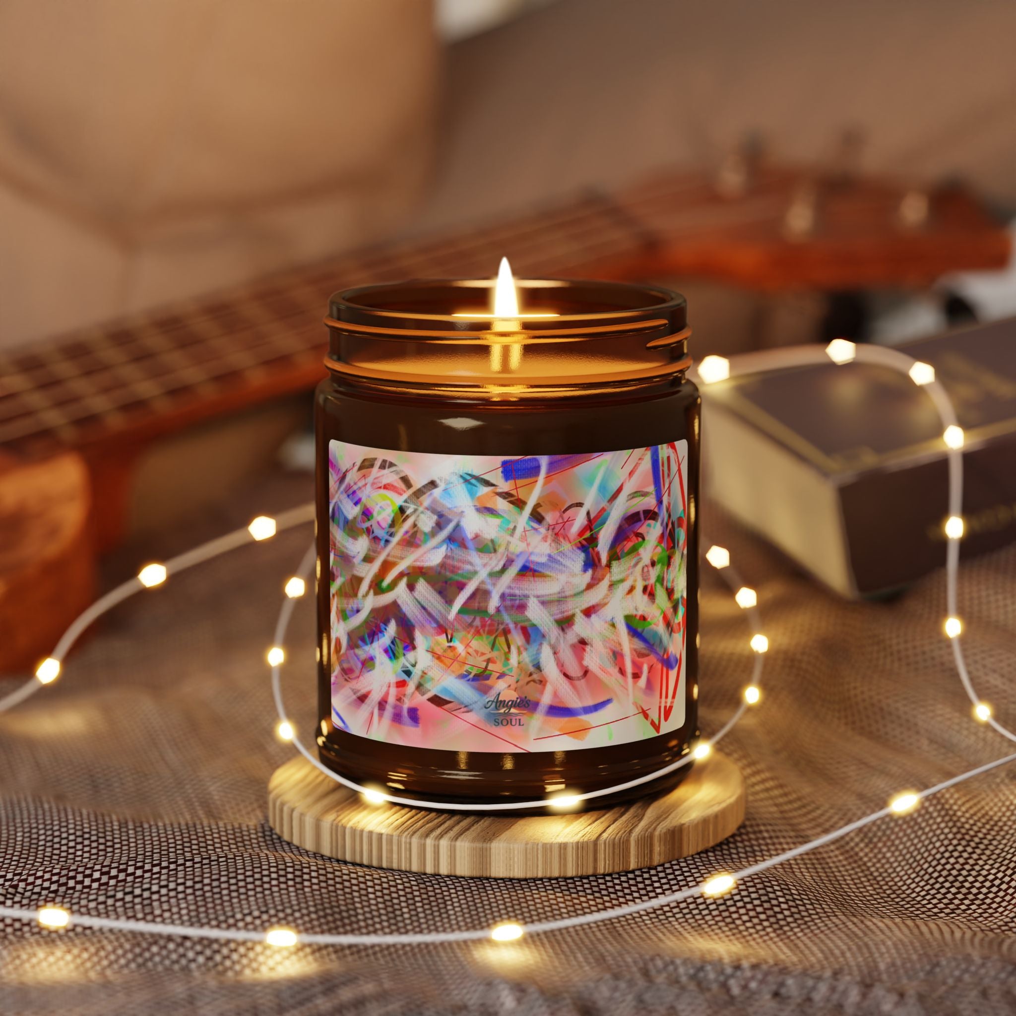 Soy Candle — Amber Jar with Colorful Abstract Art Label