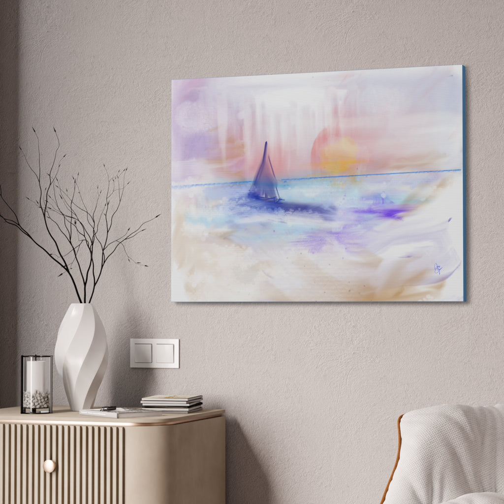 Watercolor Seascape Canvas Print — Dreamy Sailboat Sunset Wall Art
