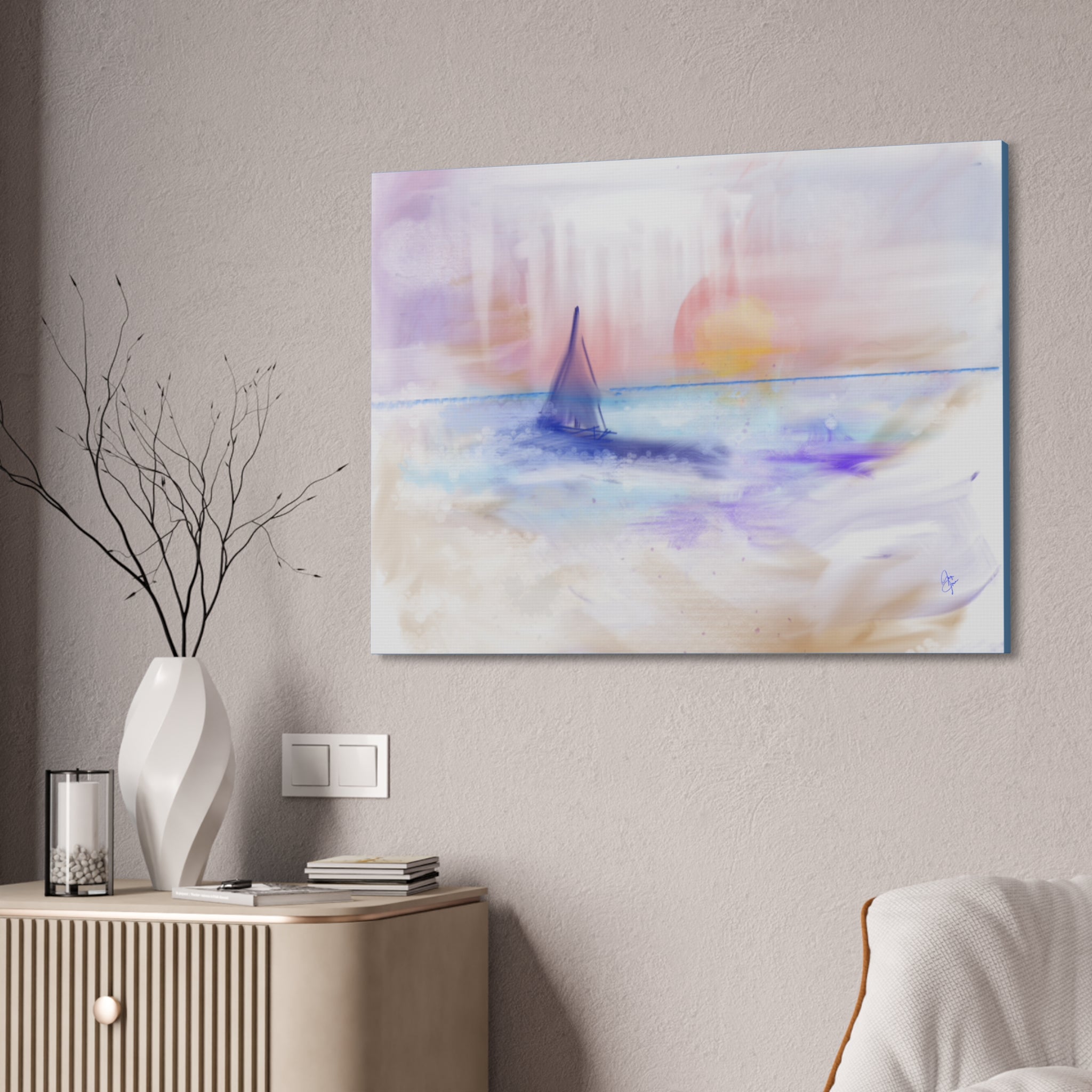 Watercolor Seascape Canvas Print — Dreamy Sailboat Sunset Wall Art