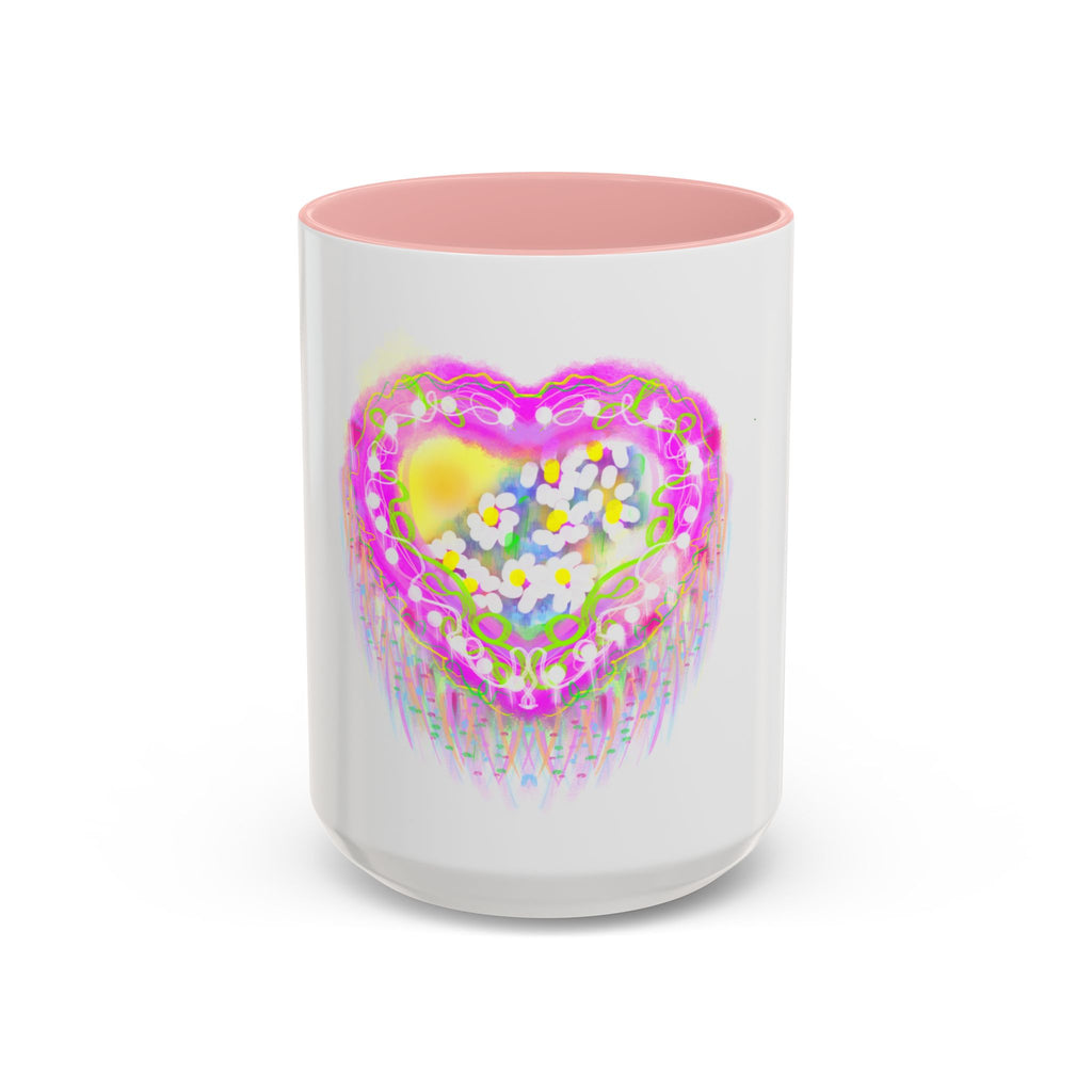 Pink Heart Floral Coffee Mug — Cute Pastel Accent Mug with Daisy Heart Design