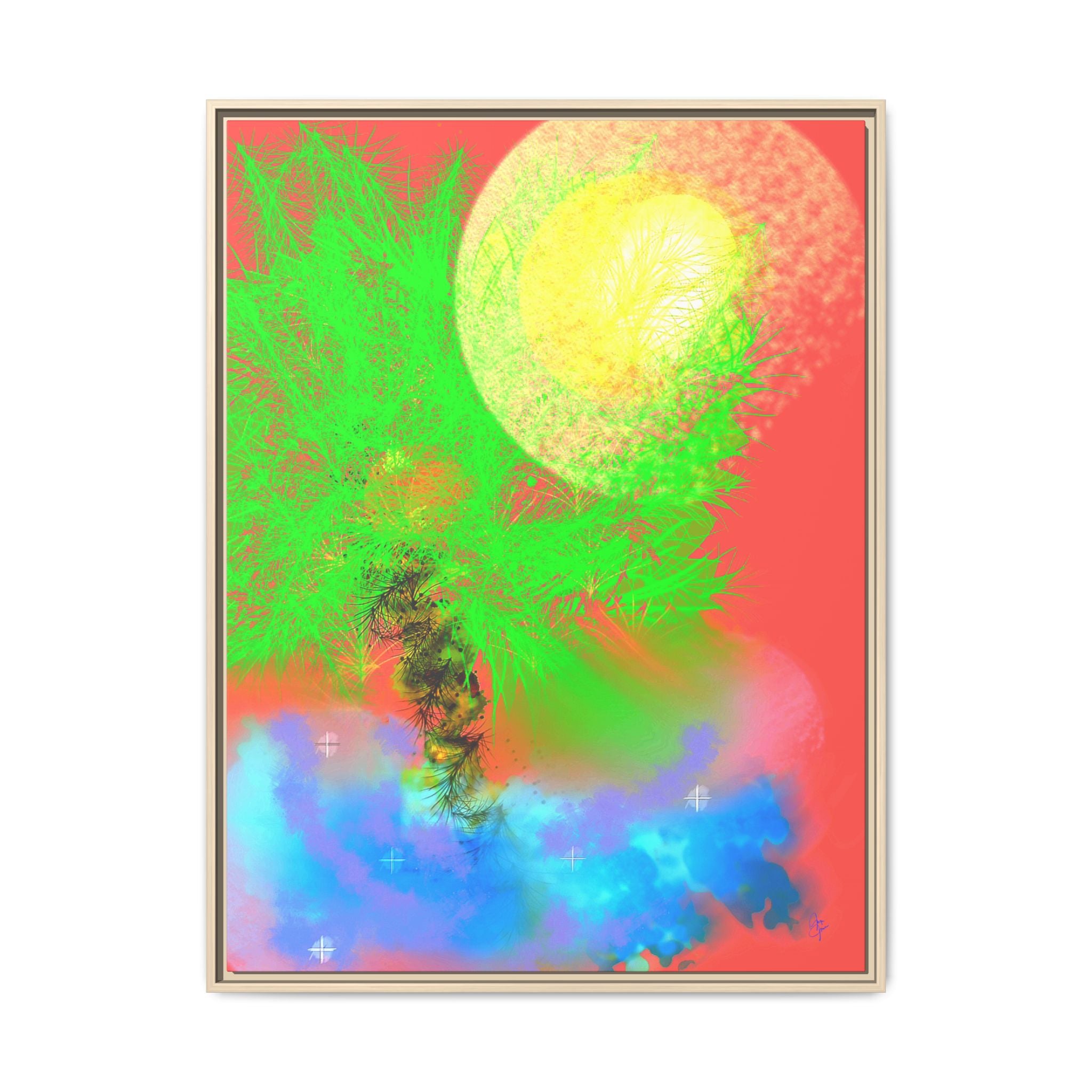 Abstract Neon Tree Matte Canvas Framed Art — Vibrant Green Moon Landscape