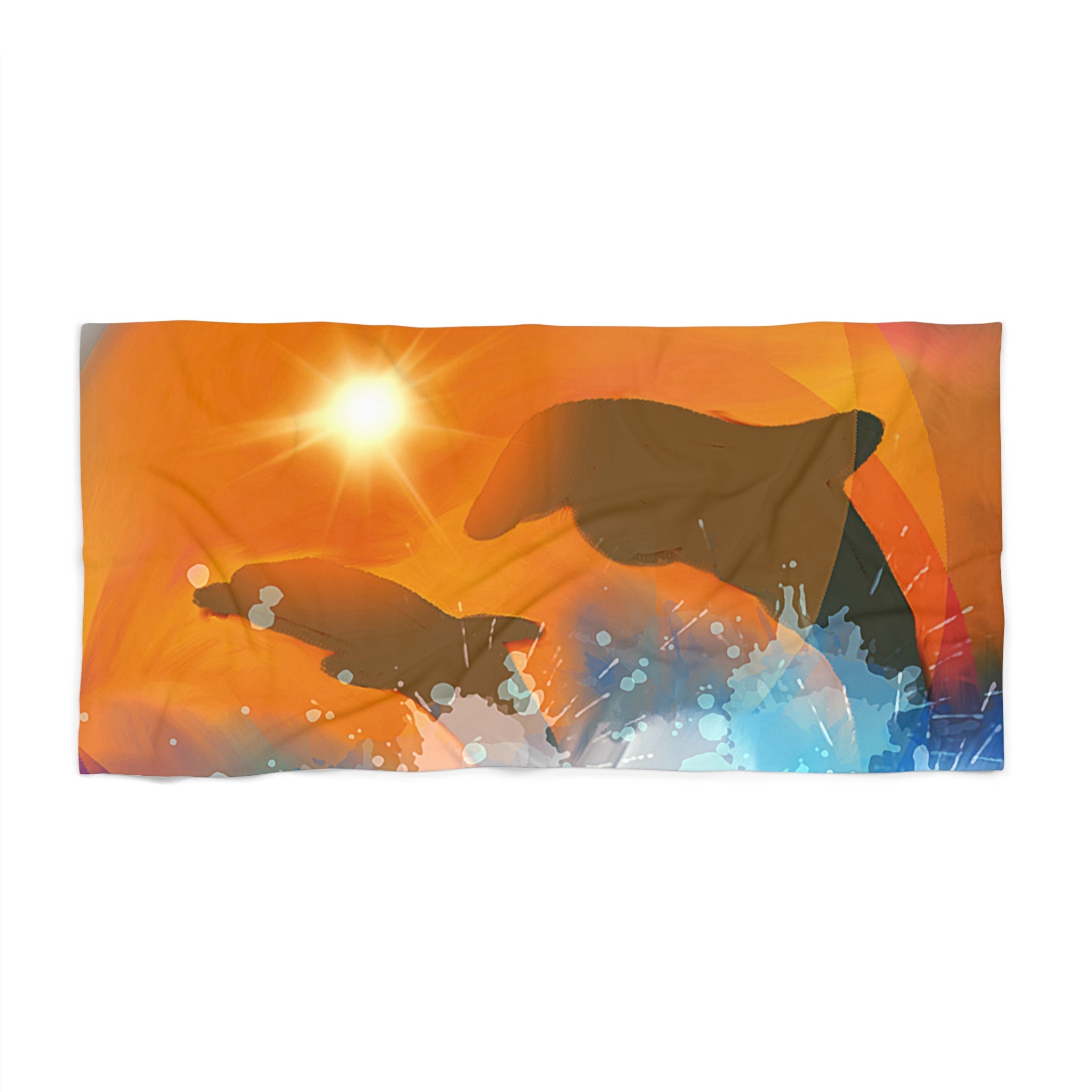 Beach Towel - Sunset Dolphins Ocean Waves Design