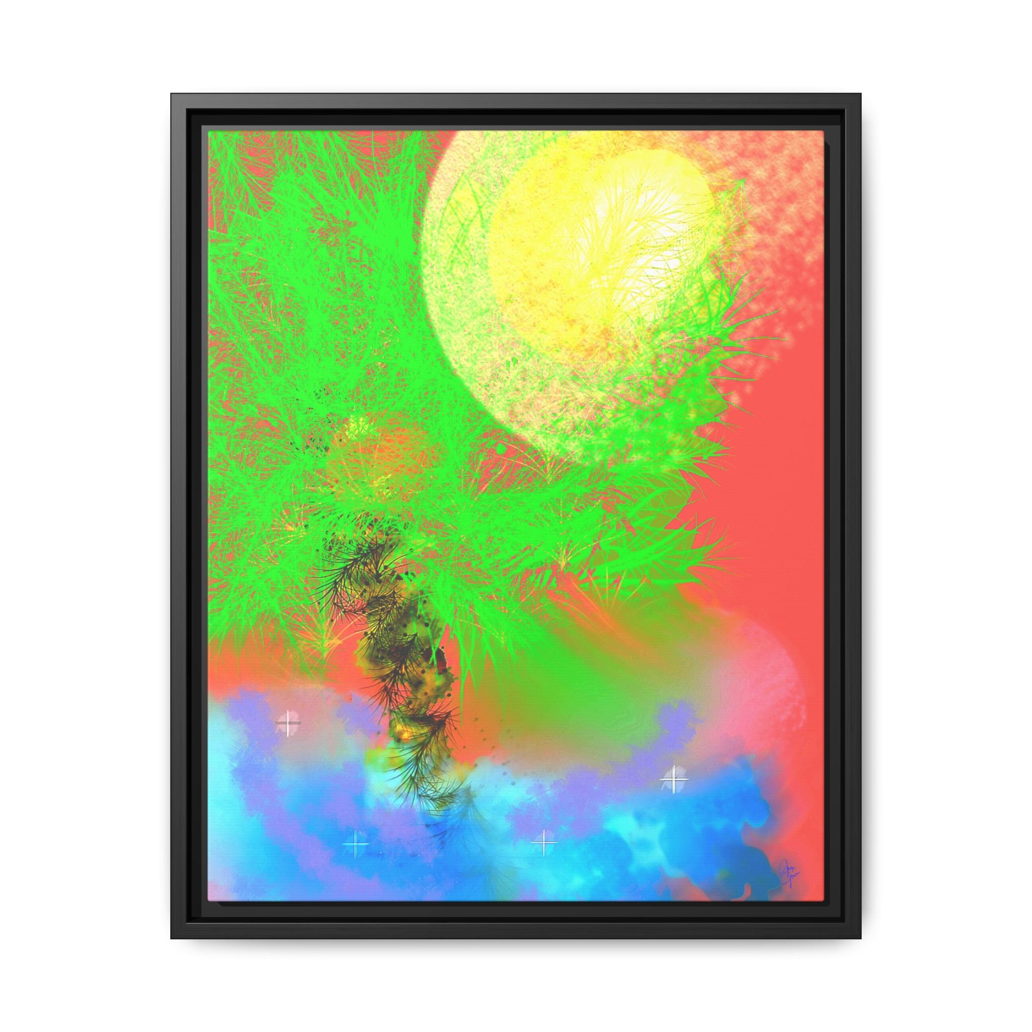 Abstract Neon Tree Matte Canvas Framed Art — Vibrant Green Moon Landscape