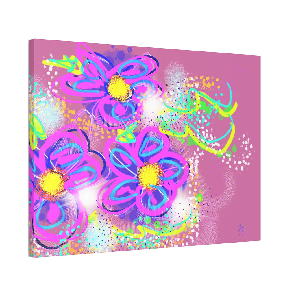 Vibrant Neon Floral Canvas Print — Pink & Green Stretched Wall Art