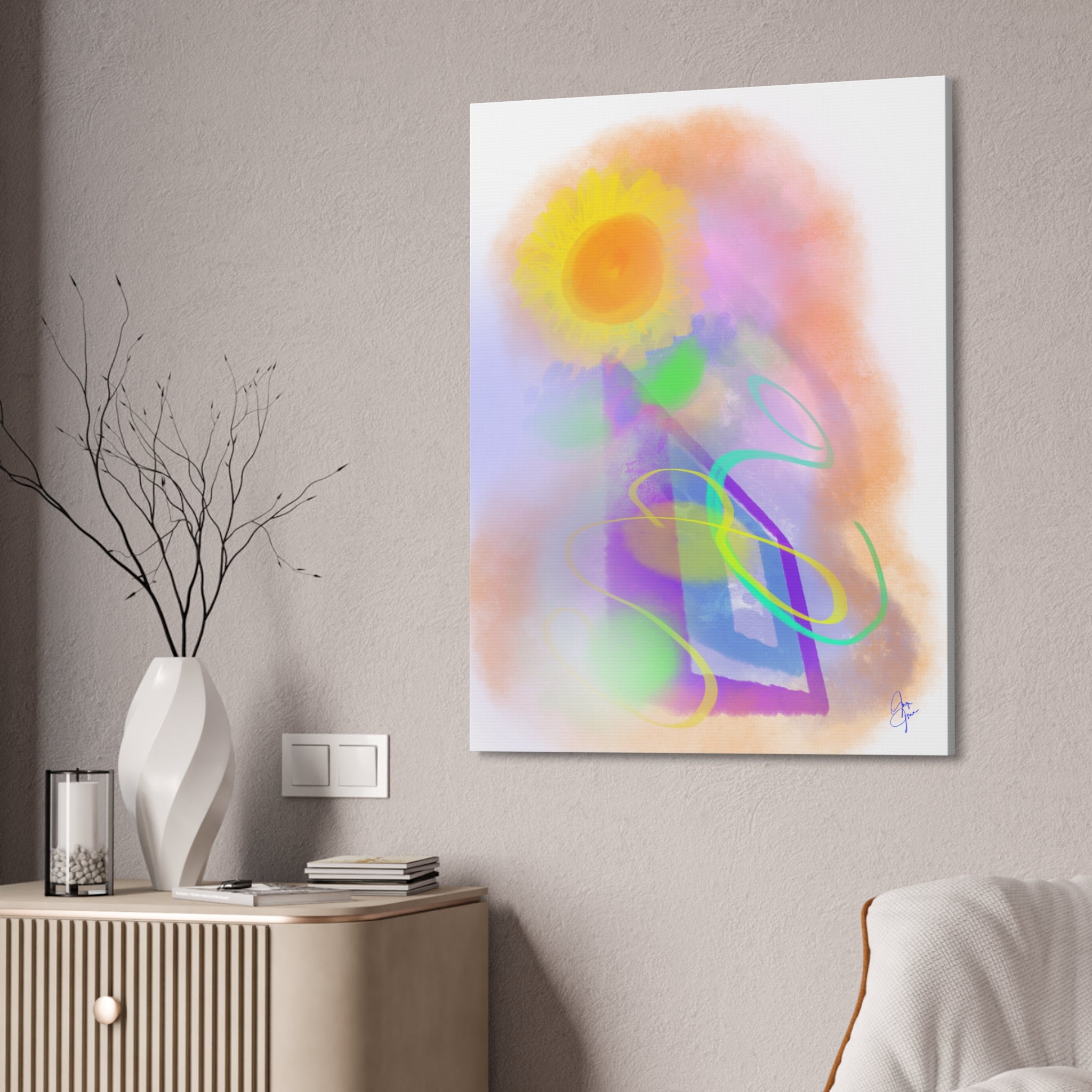 Abstract Sunrise Canvas Wall Art – Bright Pastel Sun & Swirls (1.5" Stretched)