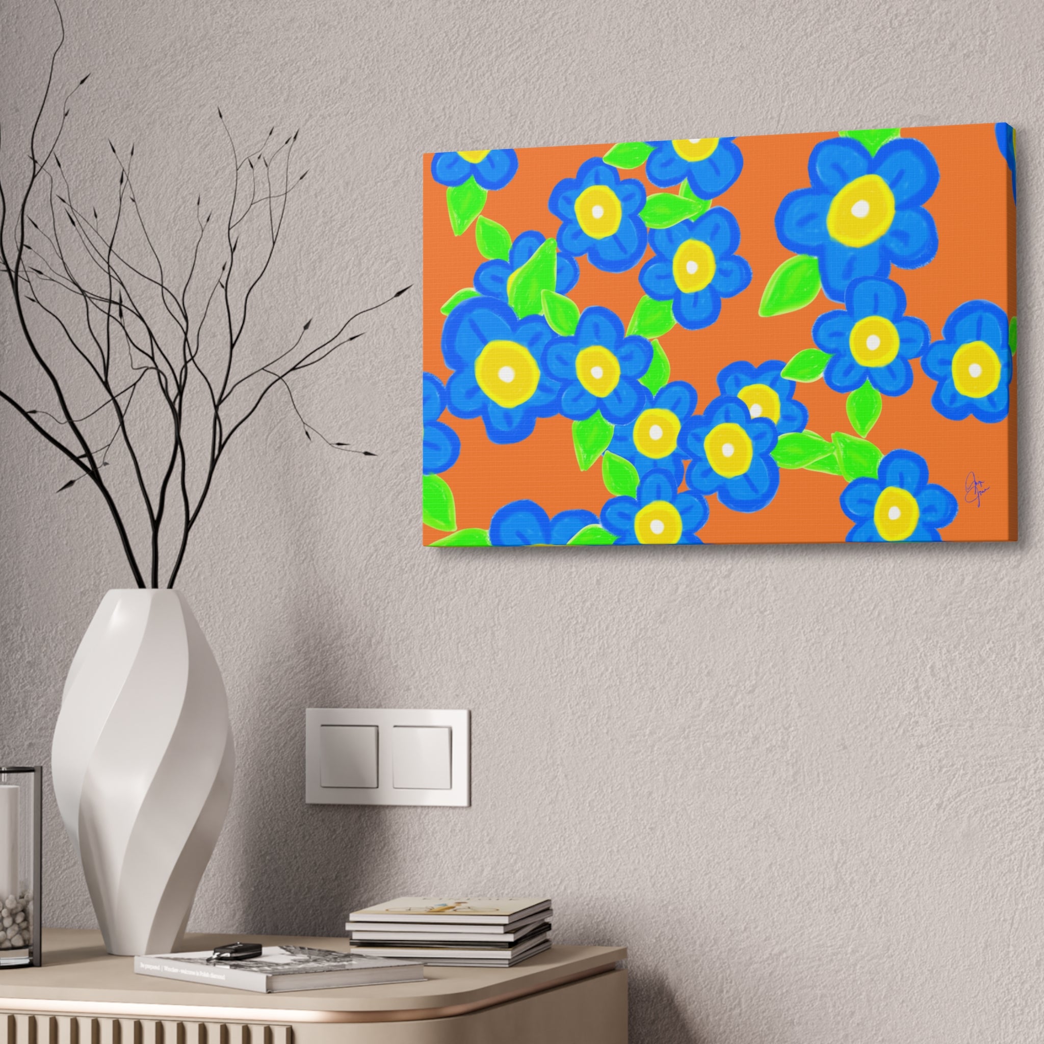 Blue Floral Canvas Wall Art — Bright Hand-Drawn Flowers on Mustard Background