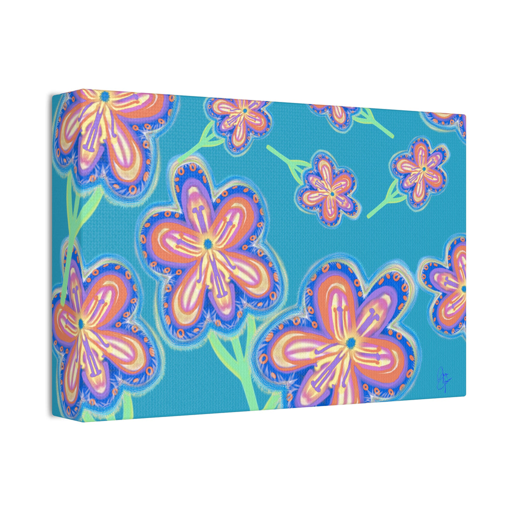 Floral Pop Canvas — Bright Blue Hand-Drawn Flowers Stretched Canvas