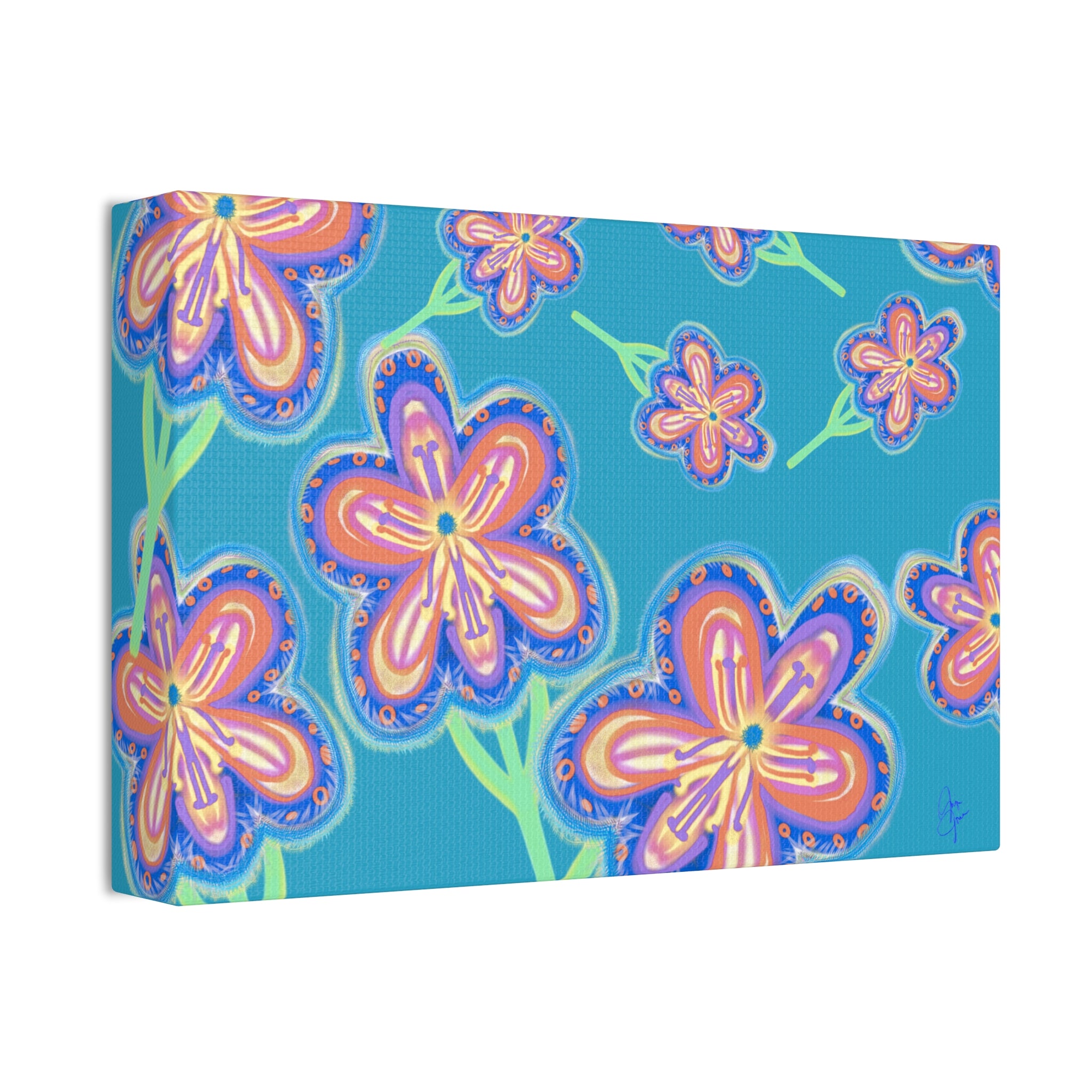 Floral Pop Canvas — Bright Blue Hand-Drawn Flowers Stretched Canvas