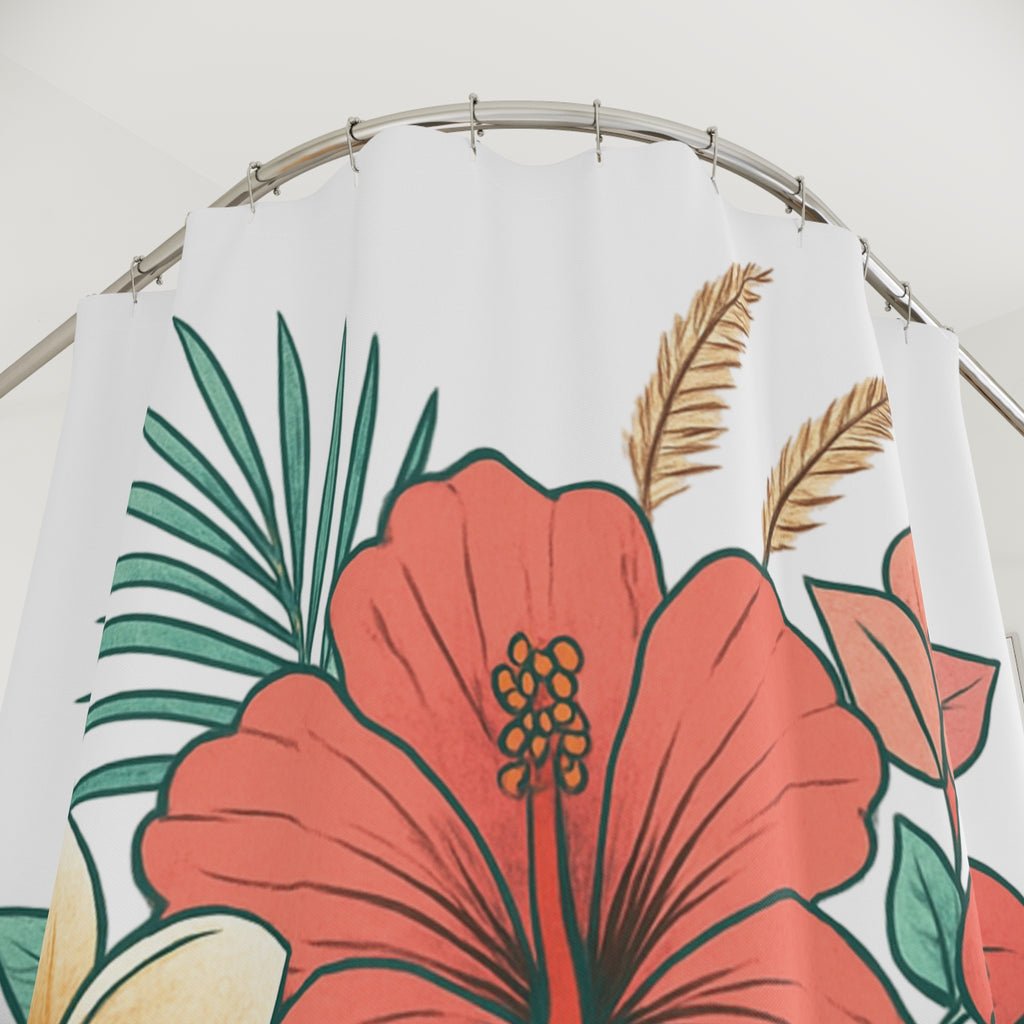 Tropical Hibiscus Shower Curtain – Floral Beach Shell Bathroom Decor