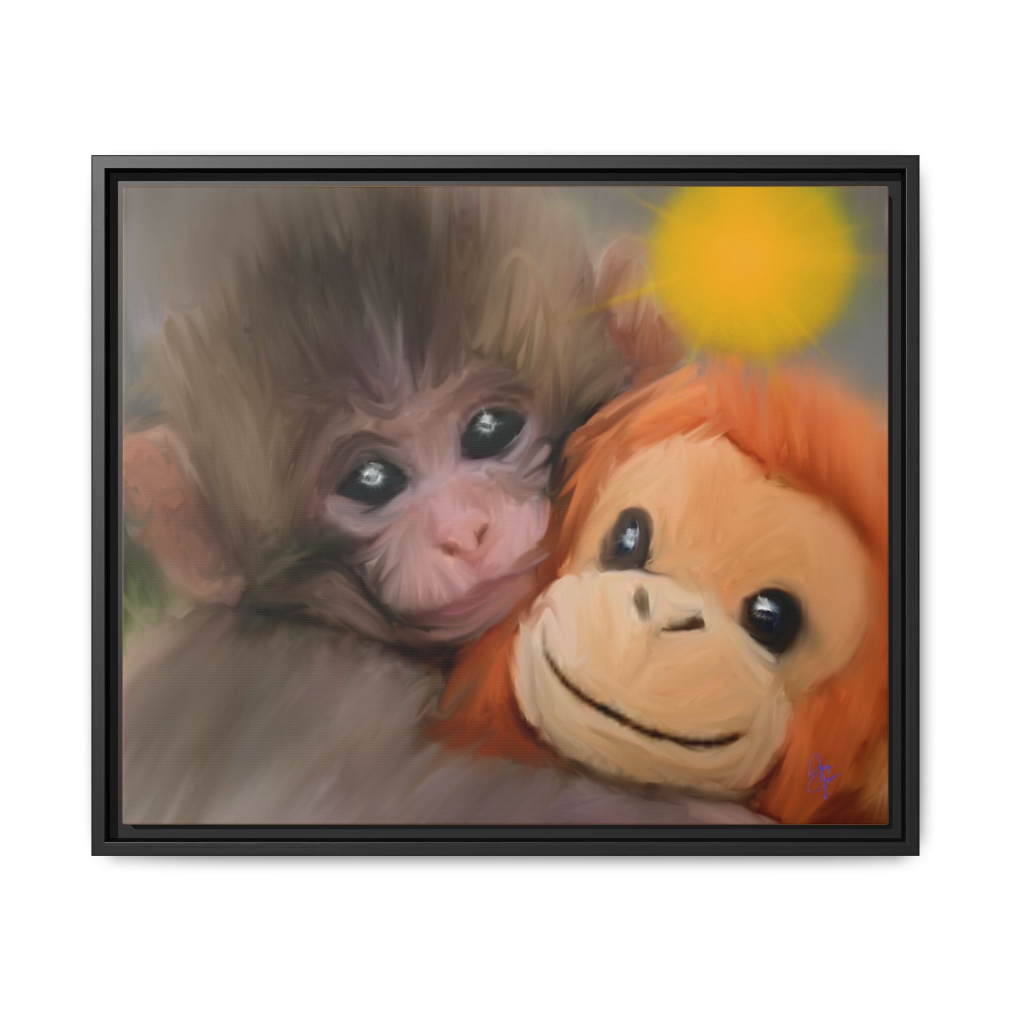 Framed Matte Canvas Print — Baby Monkey & Plush Orangutan Wall Art