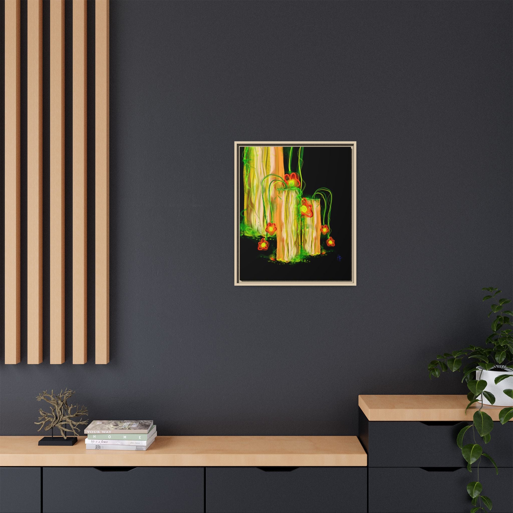 Framed Matte Canvas Print — Neon Floral Candlelight Art