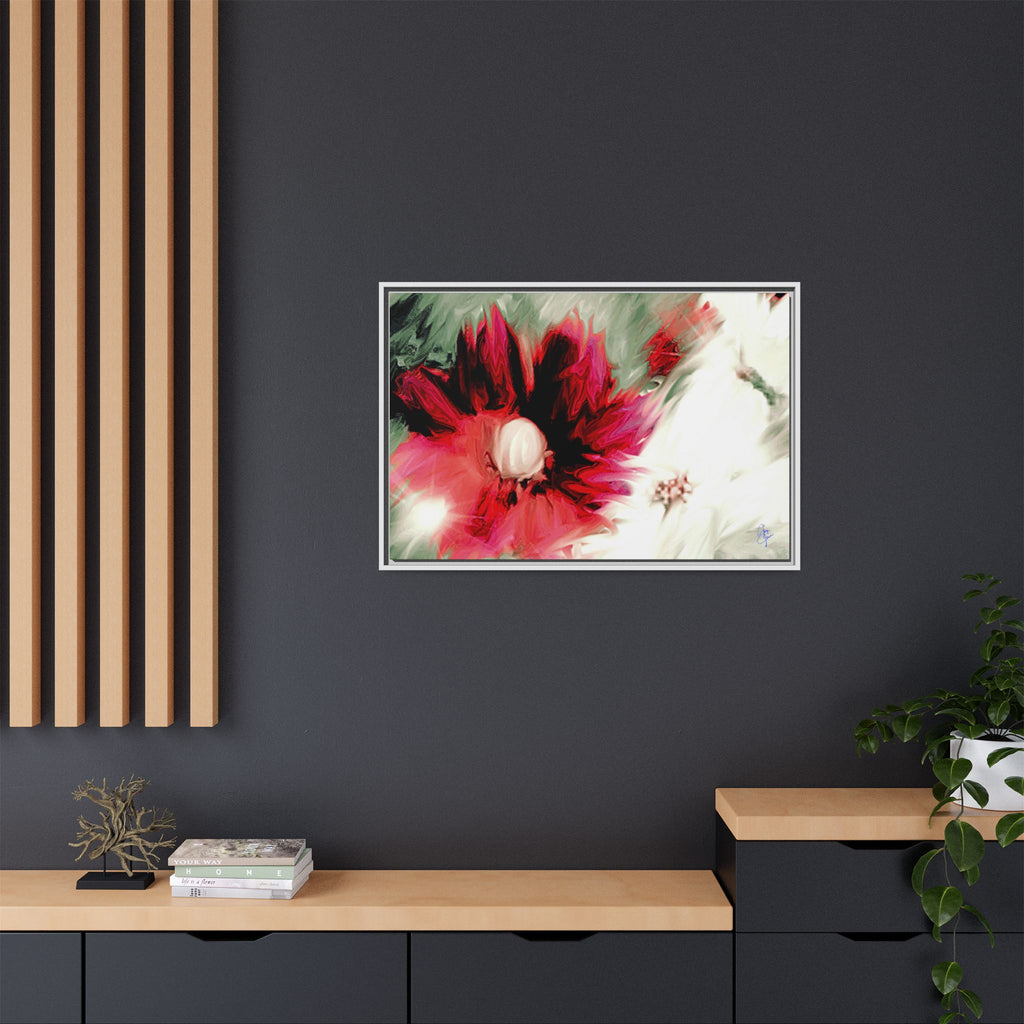 Framed Matte Canvas Print — Blurred Red & White Floral Art