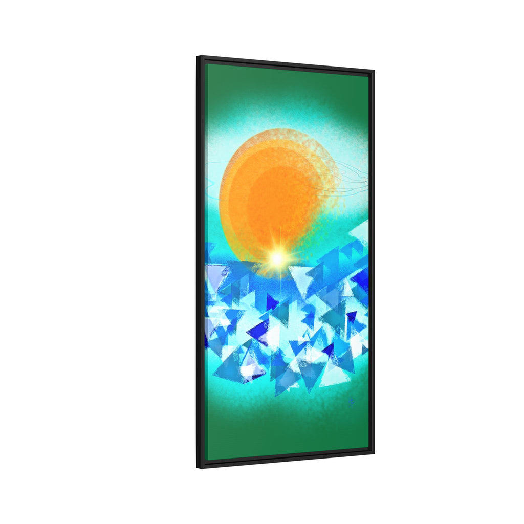 Abstract Sunrise Framed Canvas Art – Orange Sun Over Blue Geometric Waves