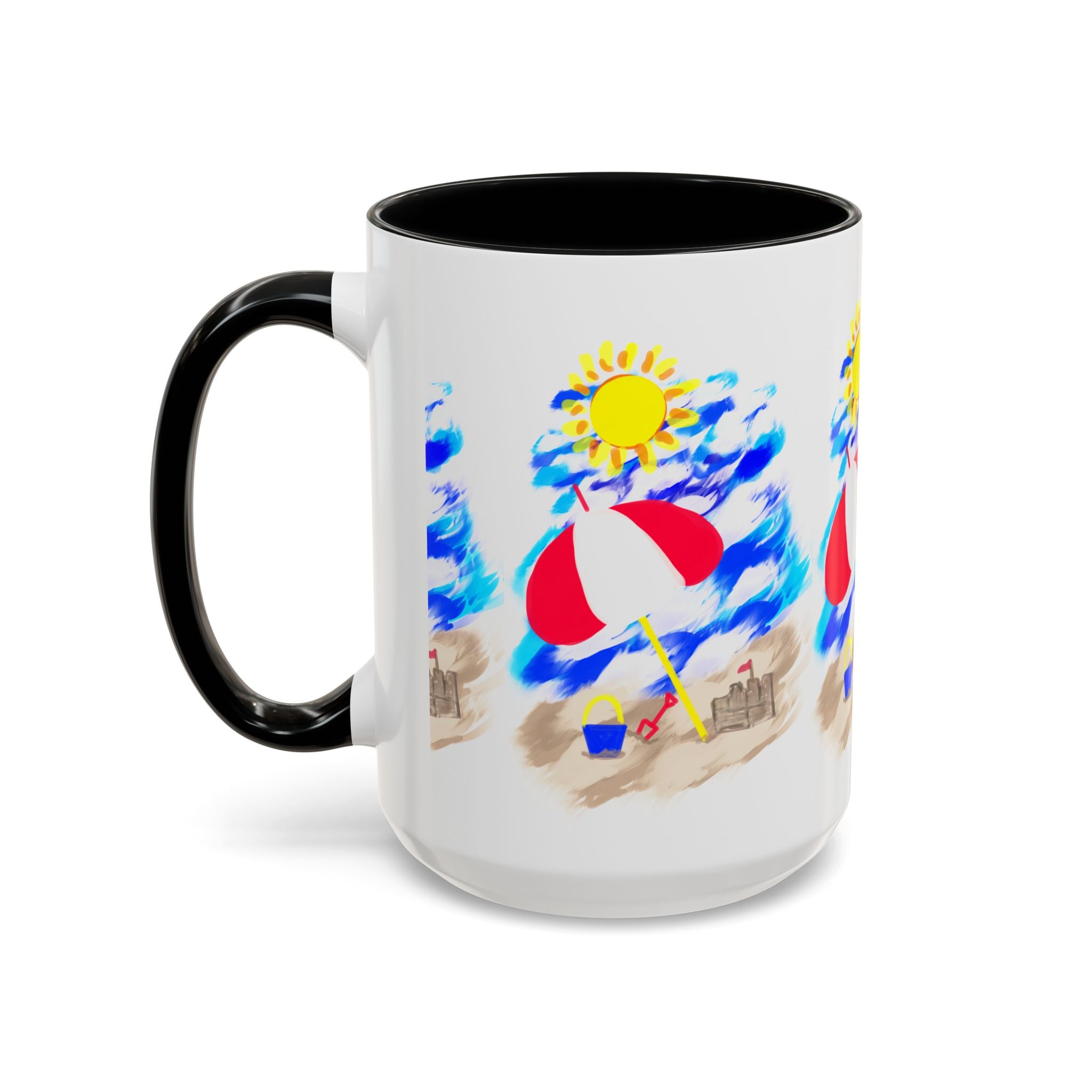 Beach Scene Coffee Mug – Summer Umbrella, Sun & Sandcastle Accent Mug