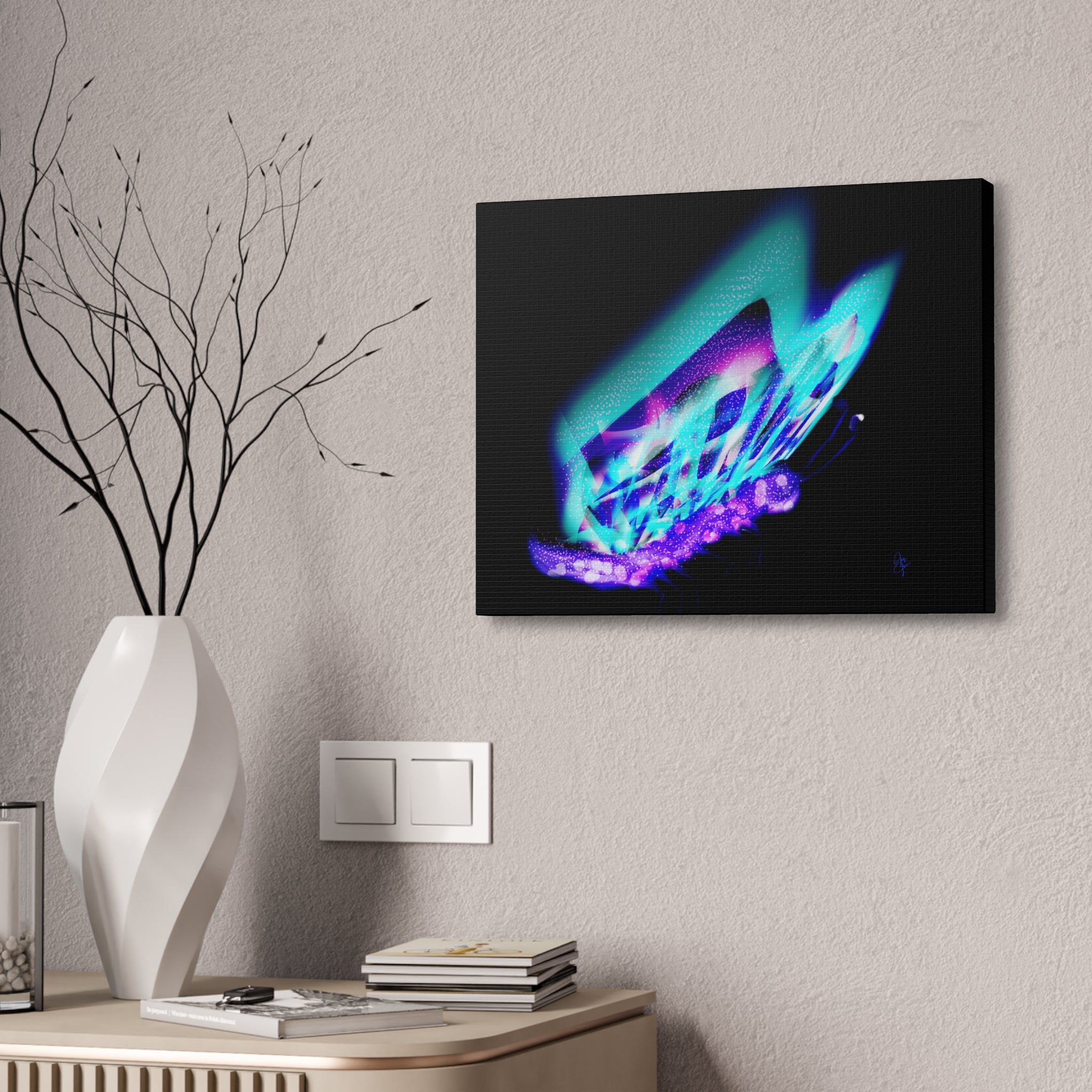 Neon Butterfly Canvas Print — Glowing Blue & Purple Wall Art (Stretched Canvas)