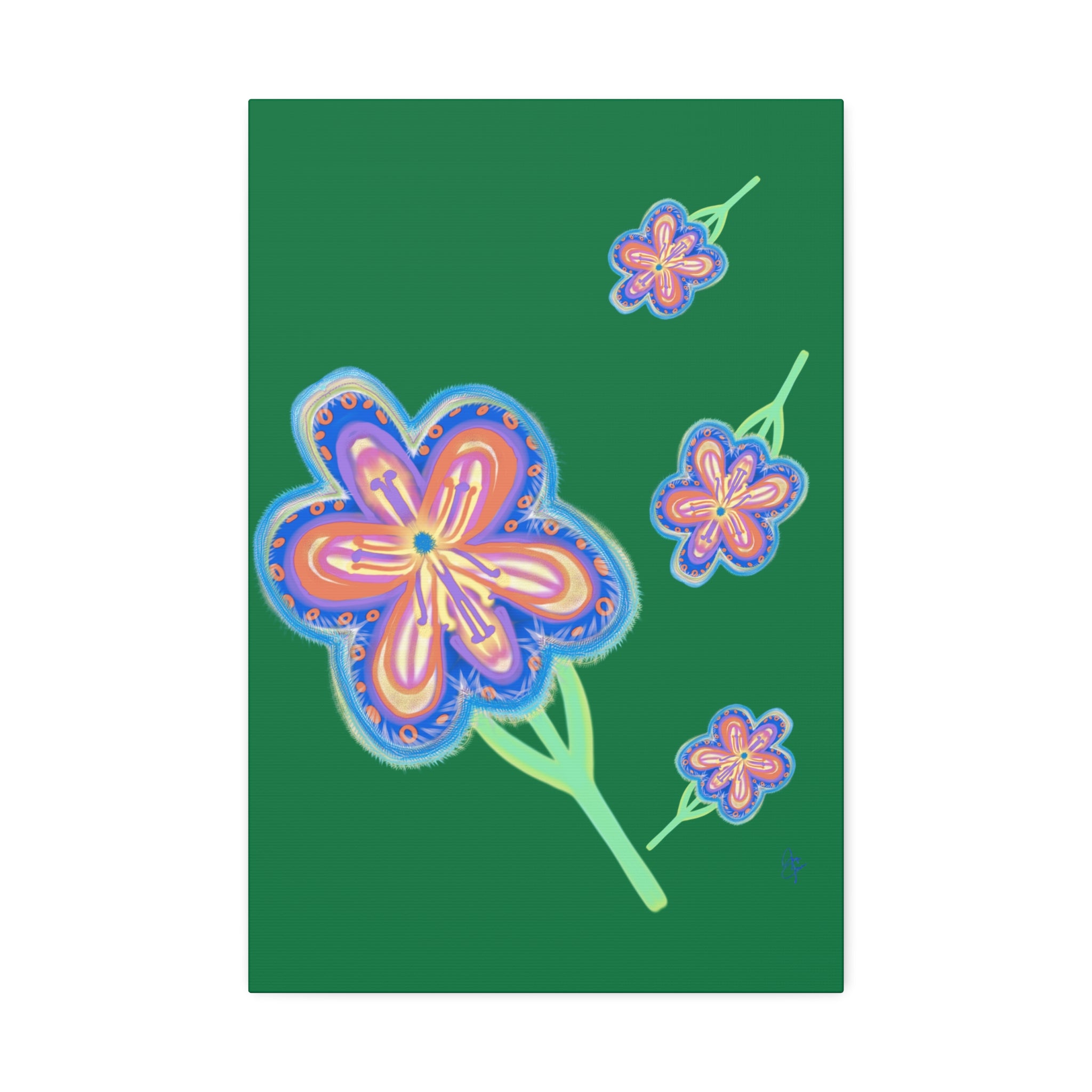 Floral Pop Canvas — Bright Blue Hand-Drawn Flowers Stretched Canvas
