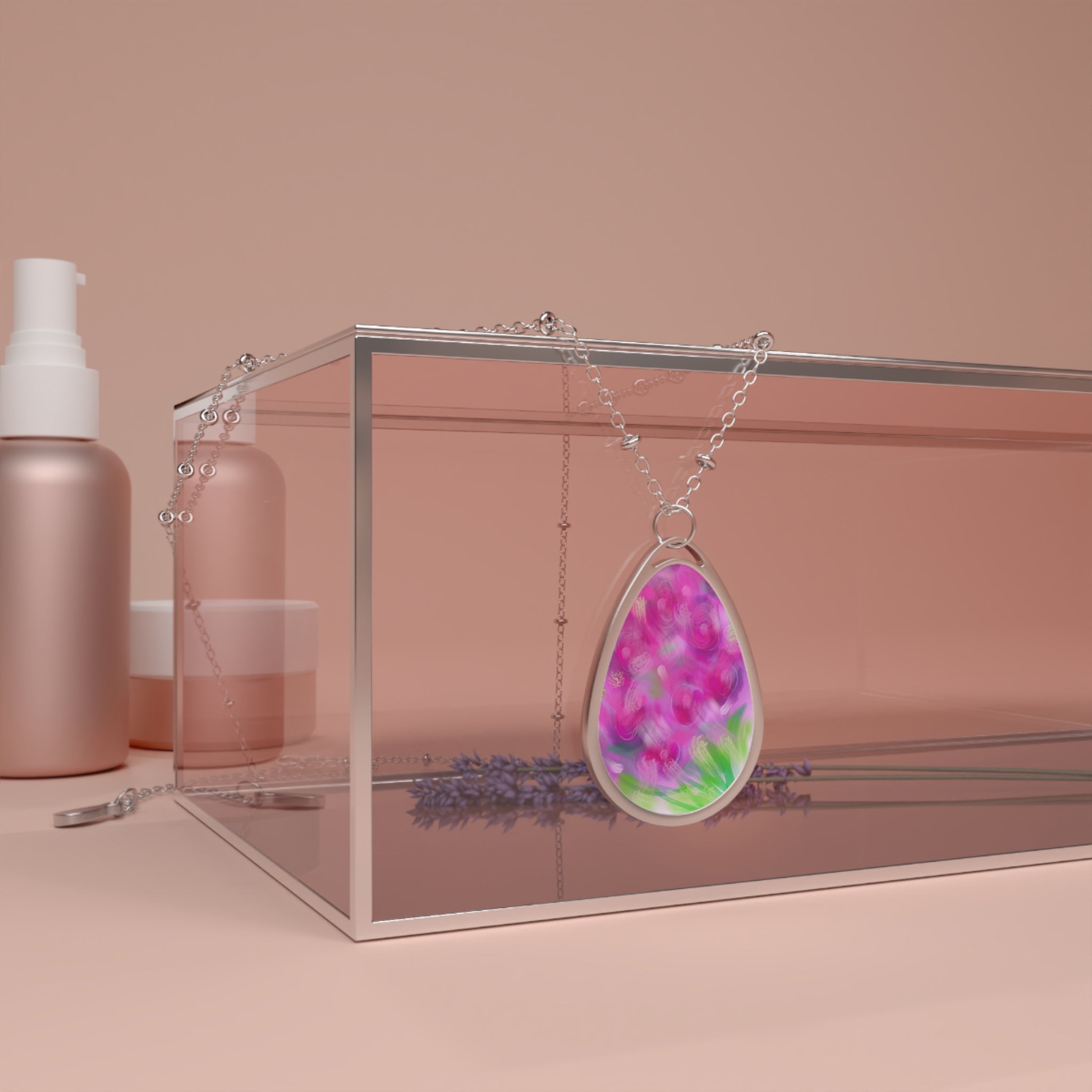 Oval Floral Pendant Necklace — Pink Blossom Teardrop Jewelry