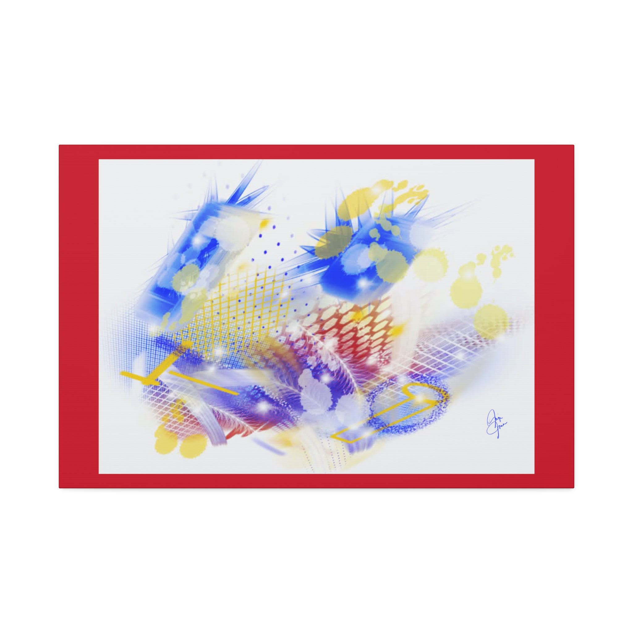 Abstract Blue & Yellow Art Canvas Print — Stretched 1.5" with Red Border