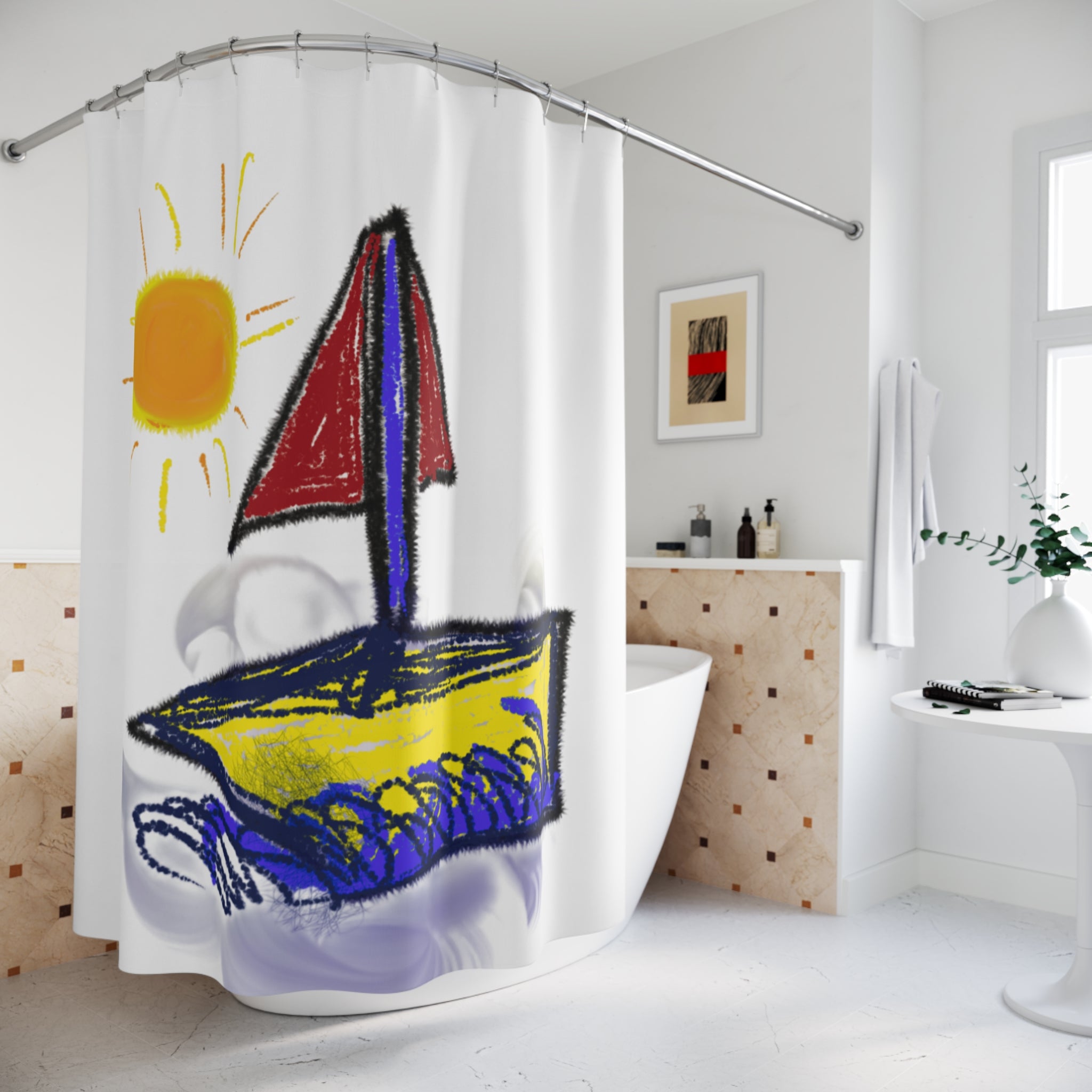 Sailboat Sun Shower Curtain — Bright Nautical Kids Bathroom Decor
