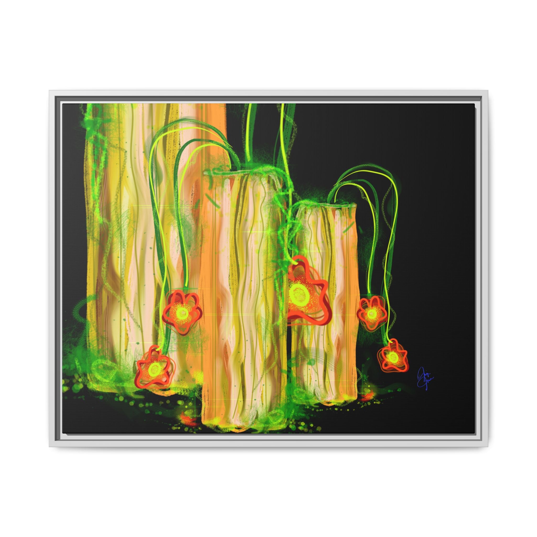 Framed Matte Canvas Print — Neon Floral Candlelight Art