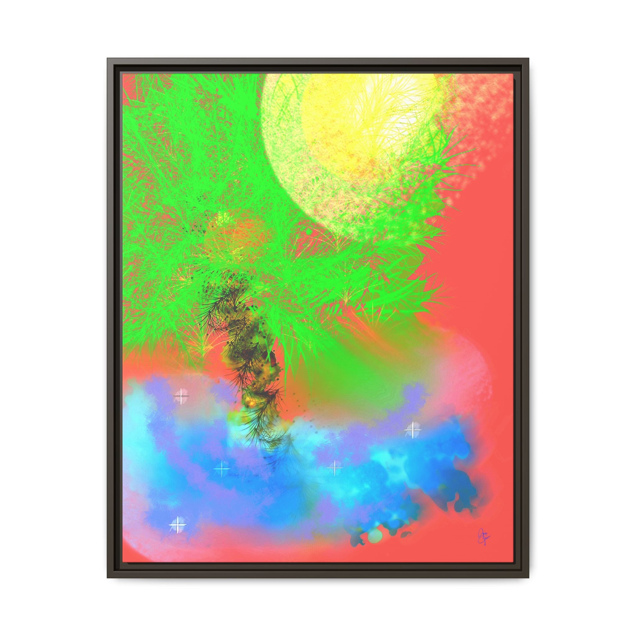 Abstract Neon Tree Matte Canvas Framed Art — Vibrant Green Moon Landscape