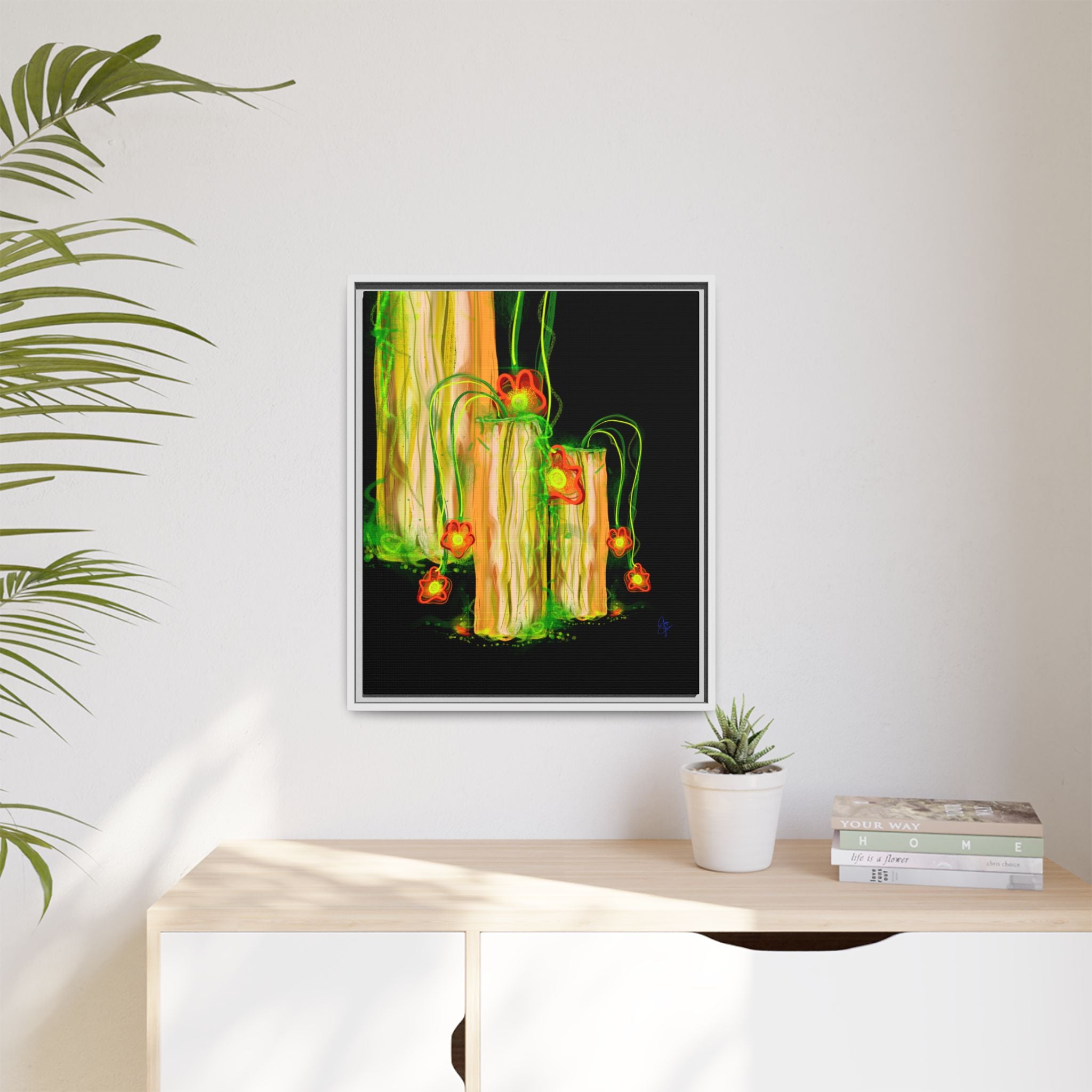 Framed Matte Canvas Print — Neon Floral Candlelight Art