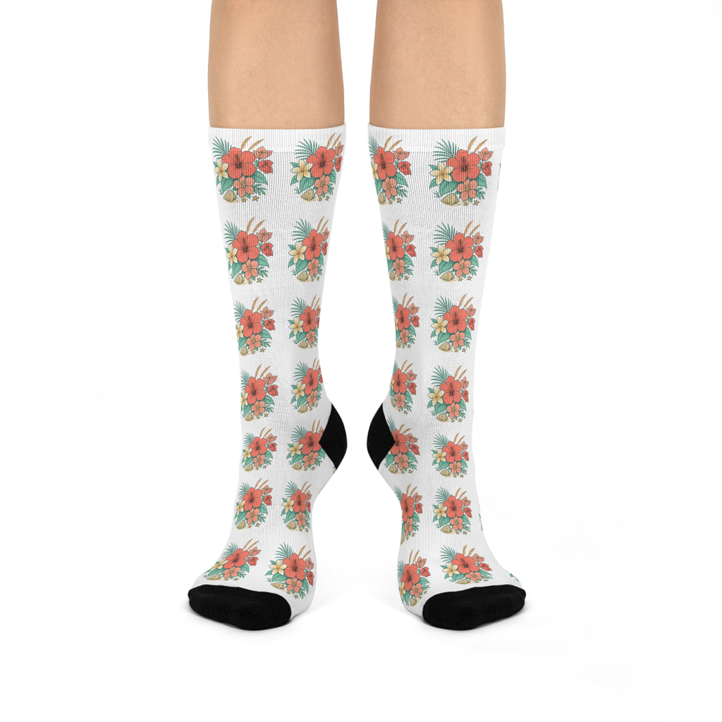 Floral Bouquet Crew Socks – Coral Hibiscus Pattern Cushioned Socks