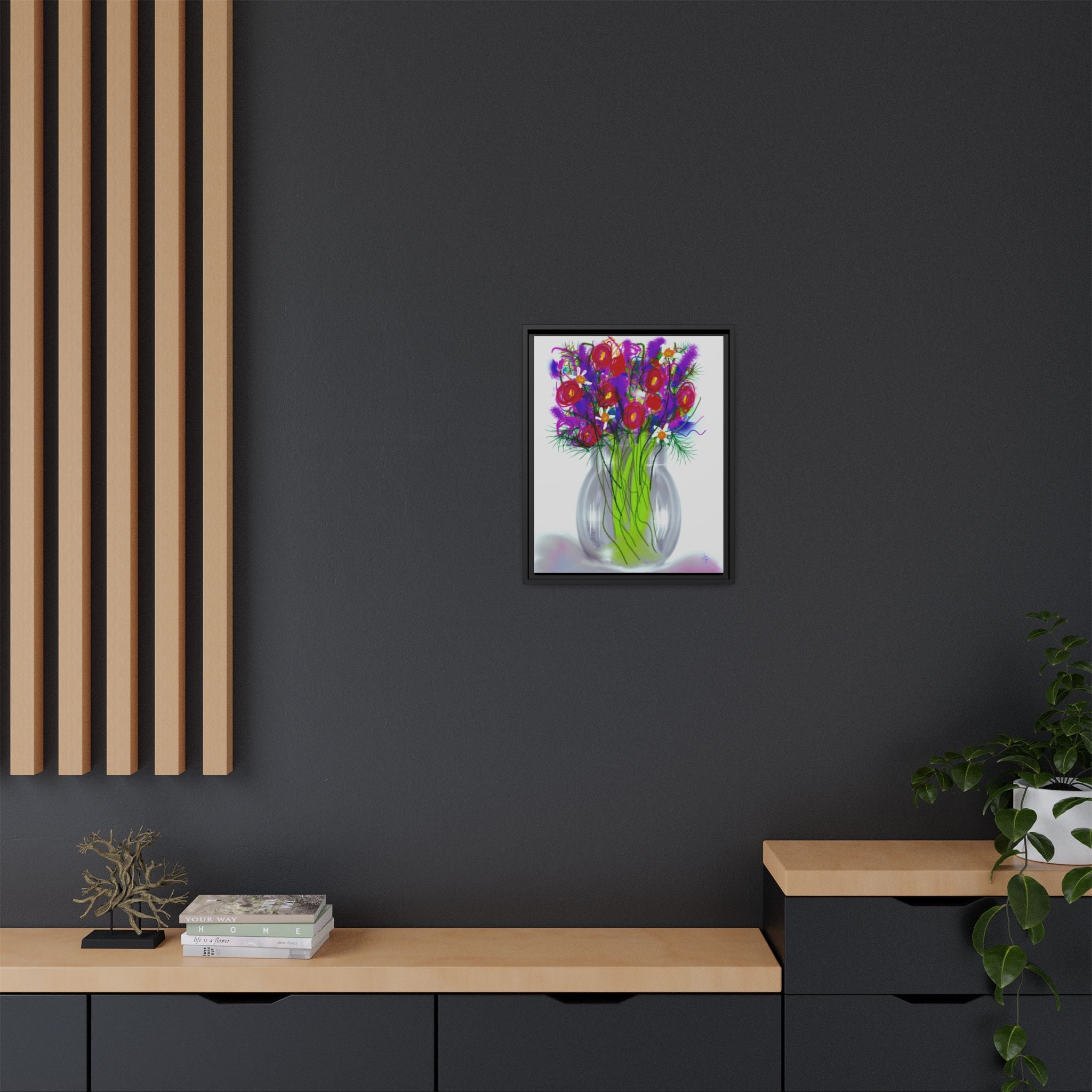 Framed Floral Bouquet Matte Canvas Wall Art — Colorful Abstract Flowers in Vase
