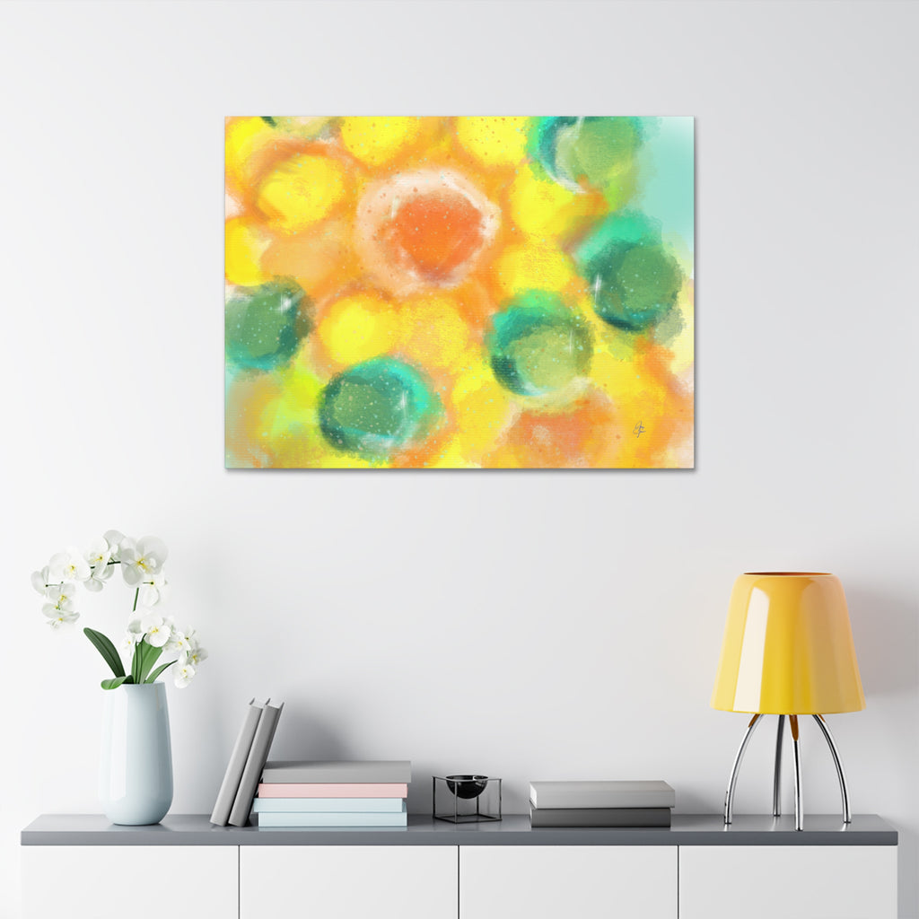 Abstract Sunshine Circles Canvas Art – Vibrant Yellow & Teal Stretched Wall Decor