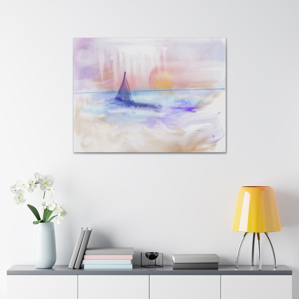 Watercolor Seascape Canvas Print — Dreamy Sailboat Sunset Wall Art