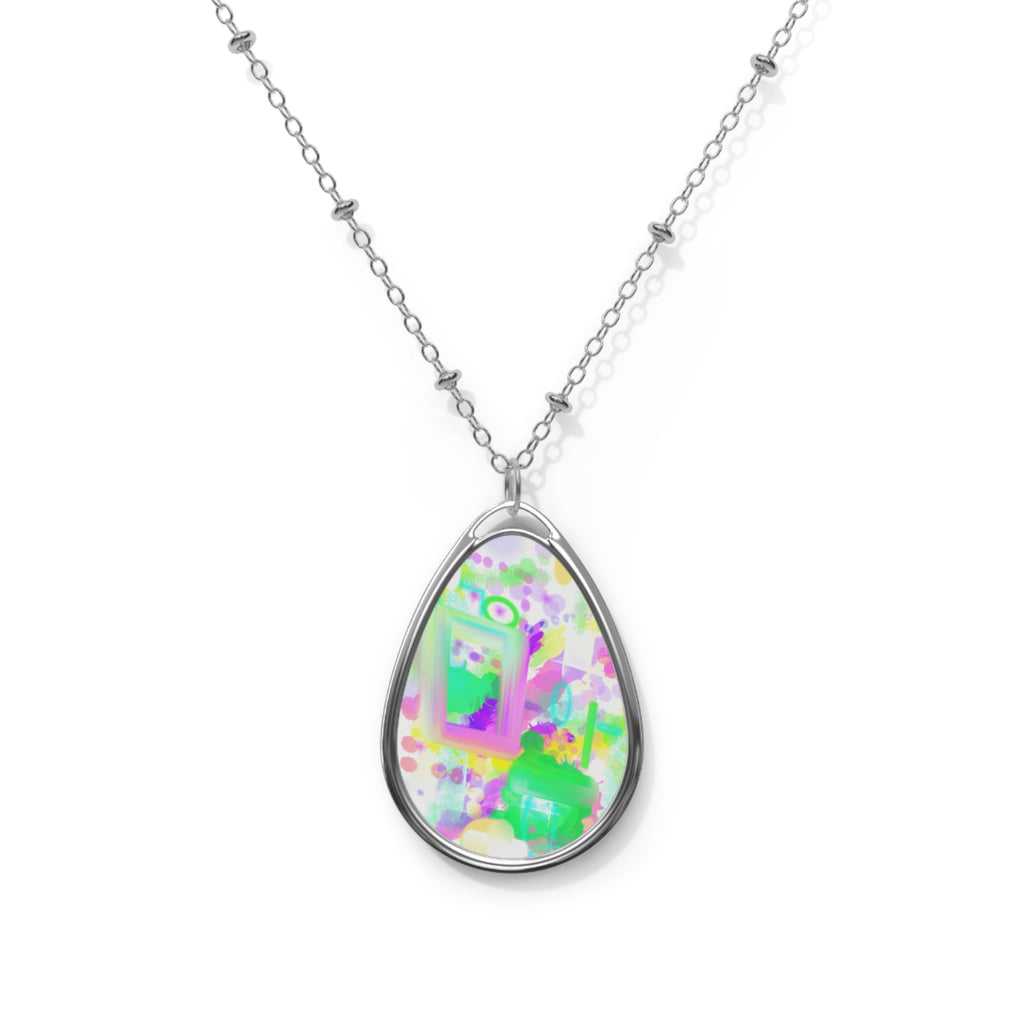 Oval Pendant Necklace — Colorful Abstract Art Teardrop Necklace