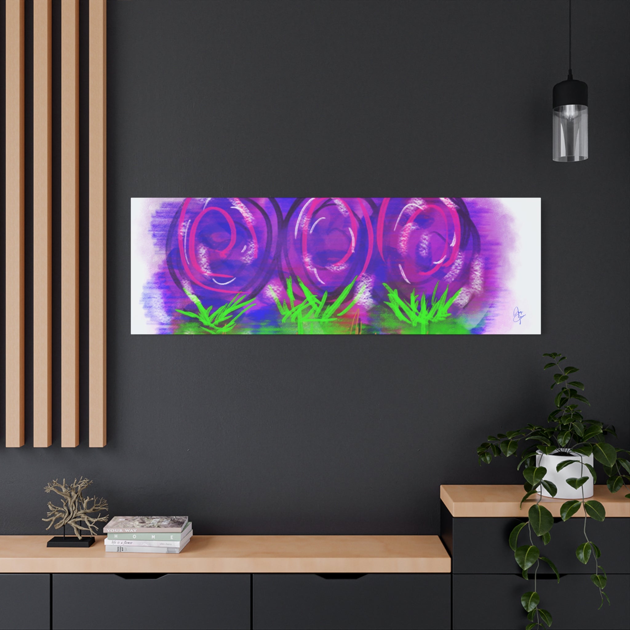 Abstract Purple Flowers Matte Canvas Wall Art — Vibrant Floral Painting on Stretched Canvas