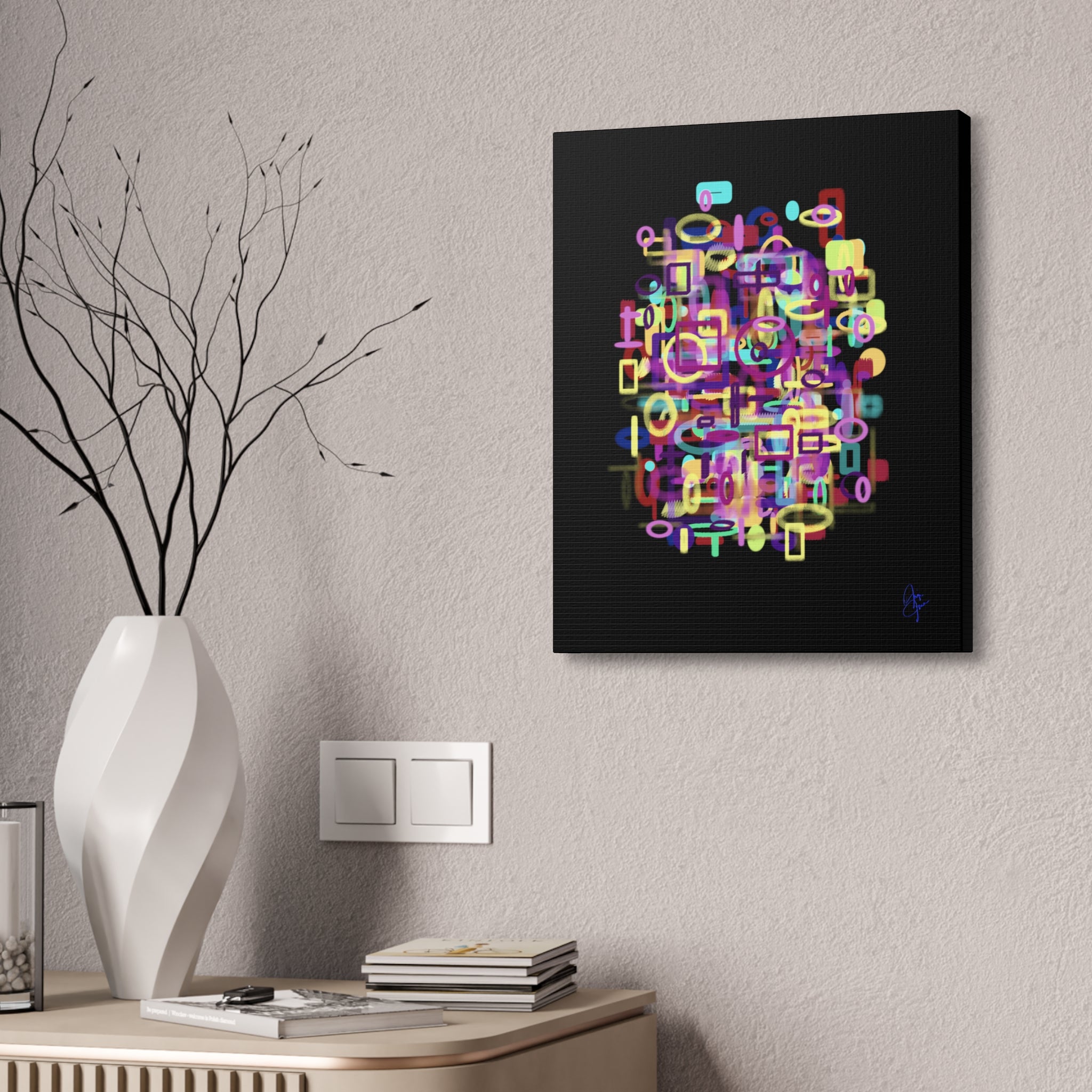 Abstract Neon Shapes Canvas Print — Colorful Geometric Wall Art on Black