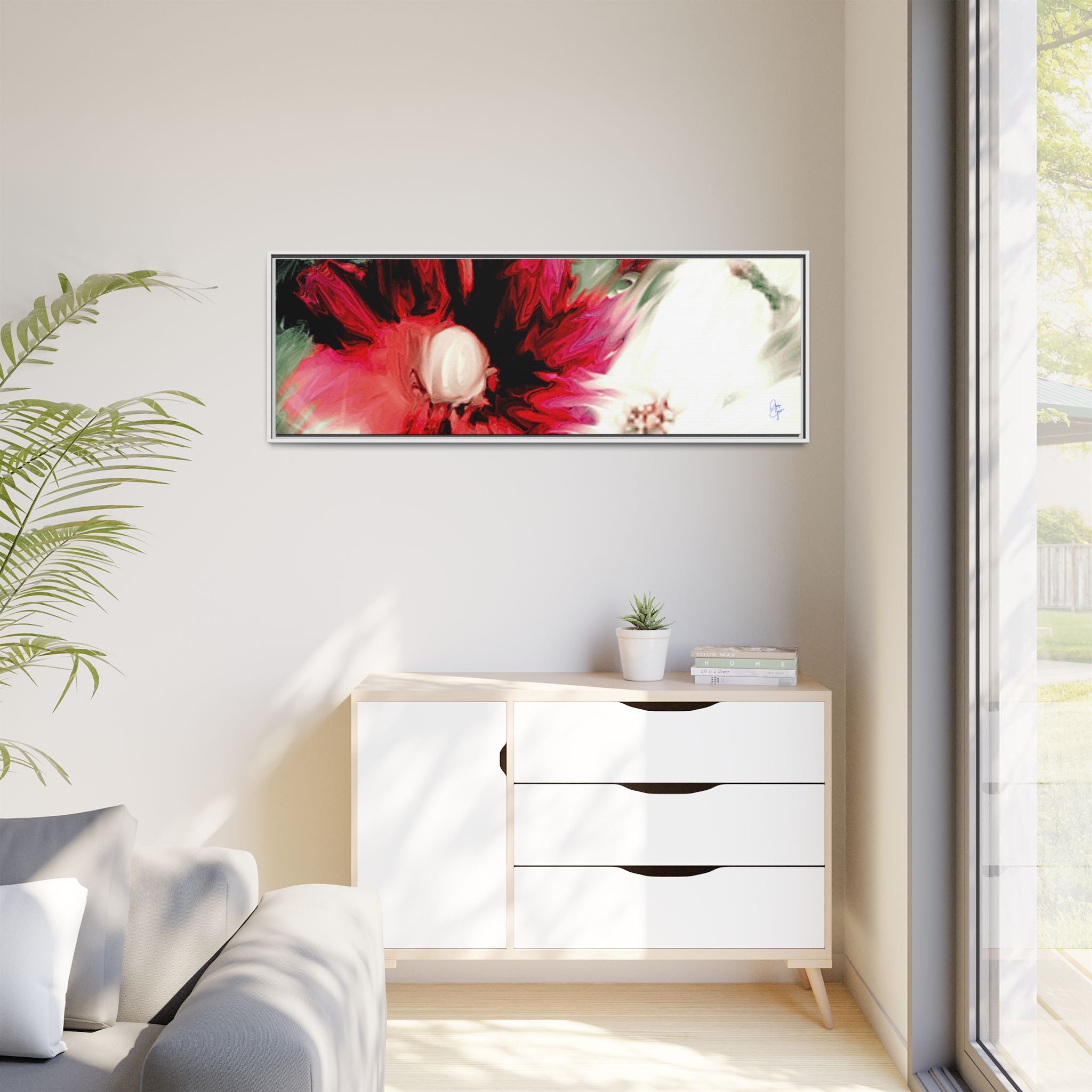 Framed Matte Canvas Print — Blurred Red & White Floral Art