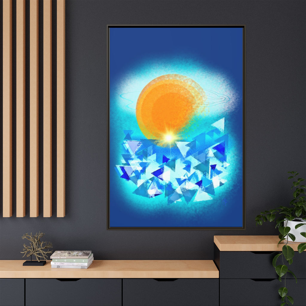 Abstract Sunrise Framed Canvas Art – Orange Sun Over Blue Geometric Waves