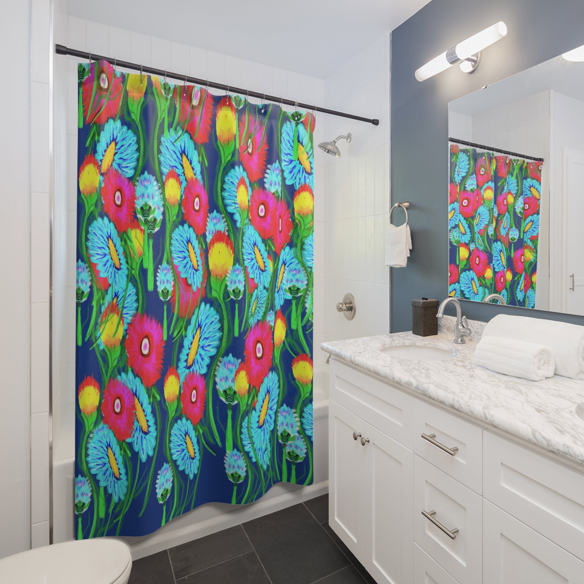 Floral Shower Curtain - Bright Blue Neon Wildflower Bathroom Decor