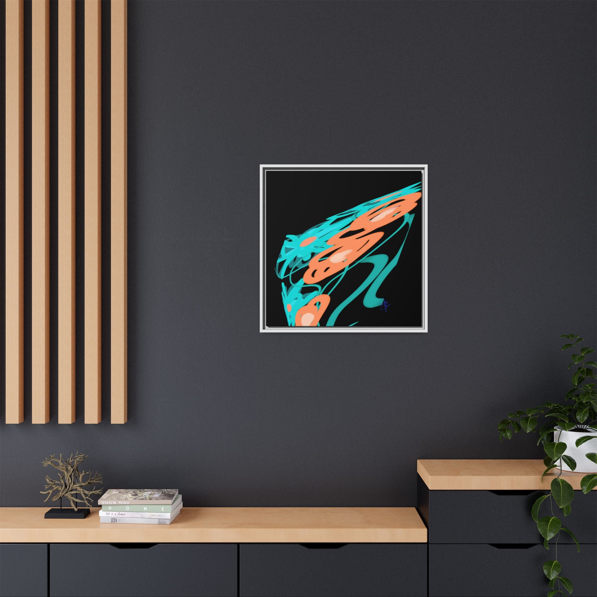 Abstract Teal & Coral Splash Framed Canvas