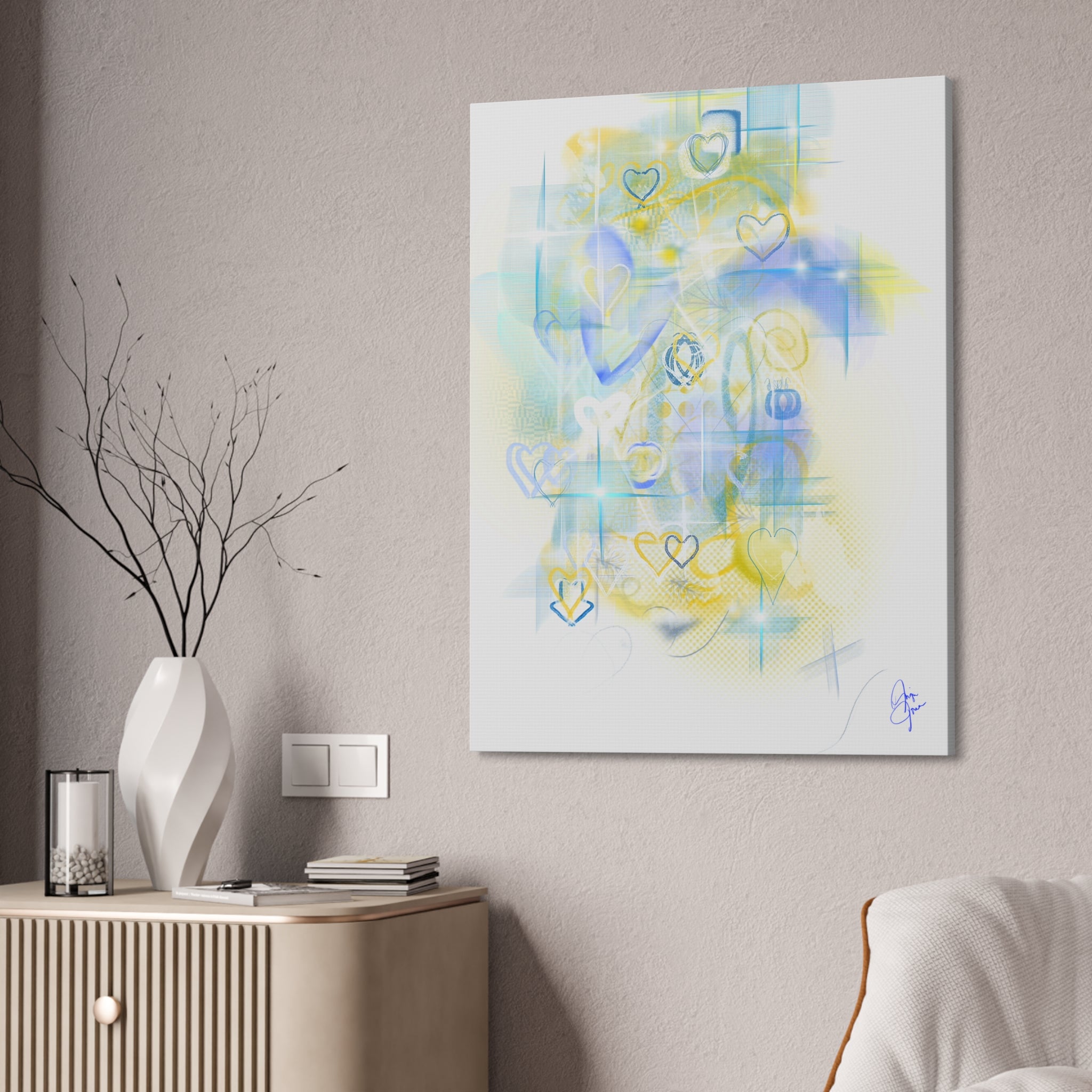 Pastel Heart Abstract Canvas Print — Blue & Yellow Stretched Wall Art (1.5")