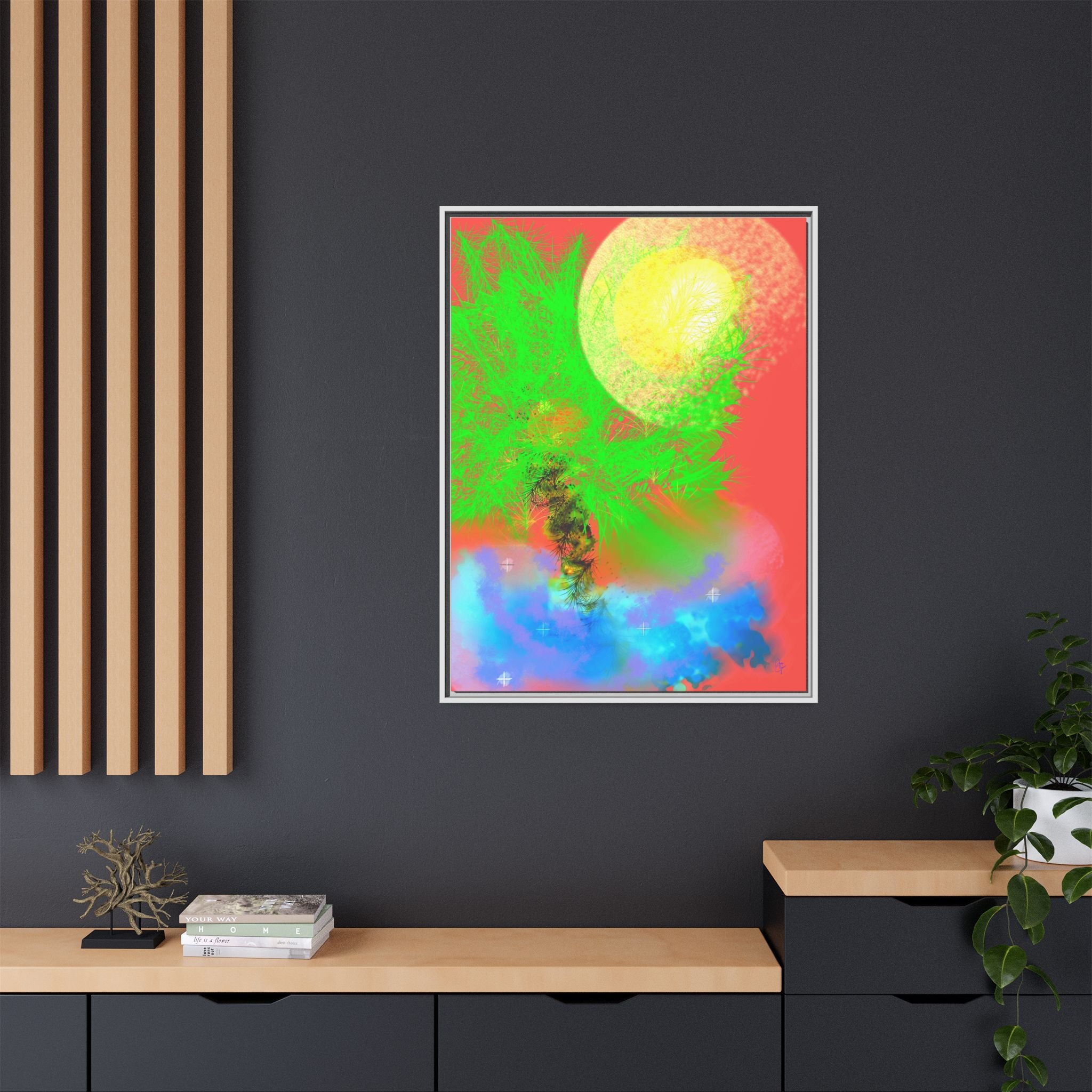 Abstract Neon Tree Matte Canvas Framed Art — Vibrant Green Moon Landscape