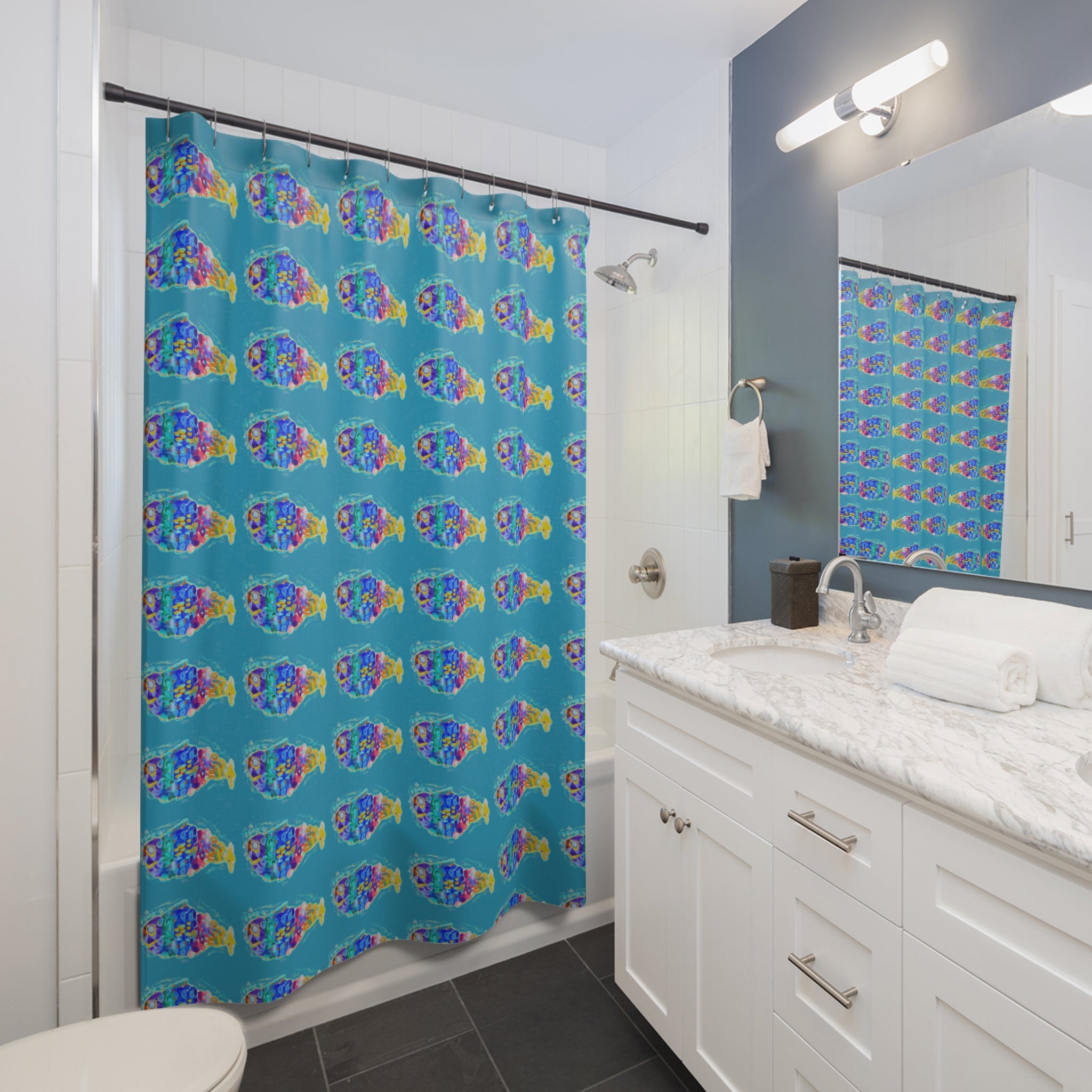 Fish Pattern Shower Curtain — Colorful Tropical Aquarium Design