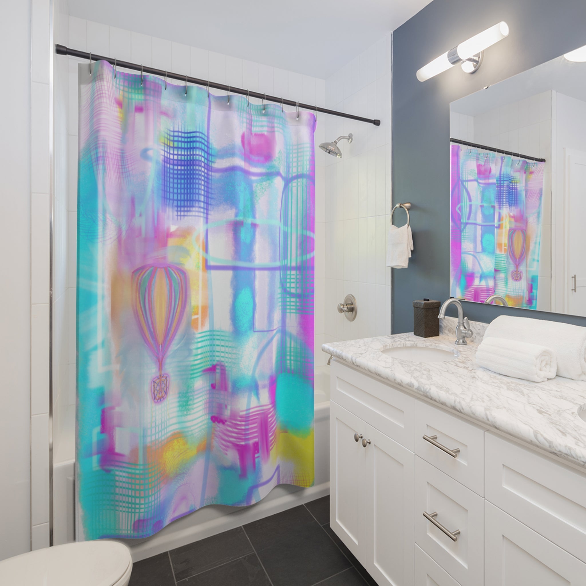 Abstract Pastel Hot Air Balloon Shower Curtain — Dreamy Watercolor Bathroom Decor
