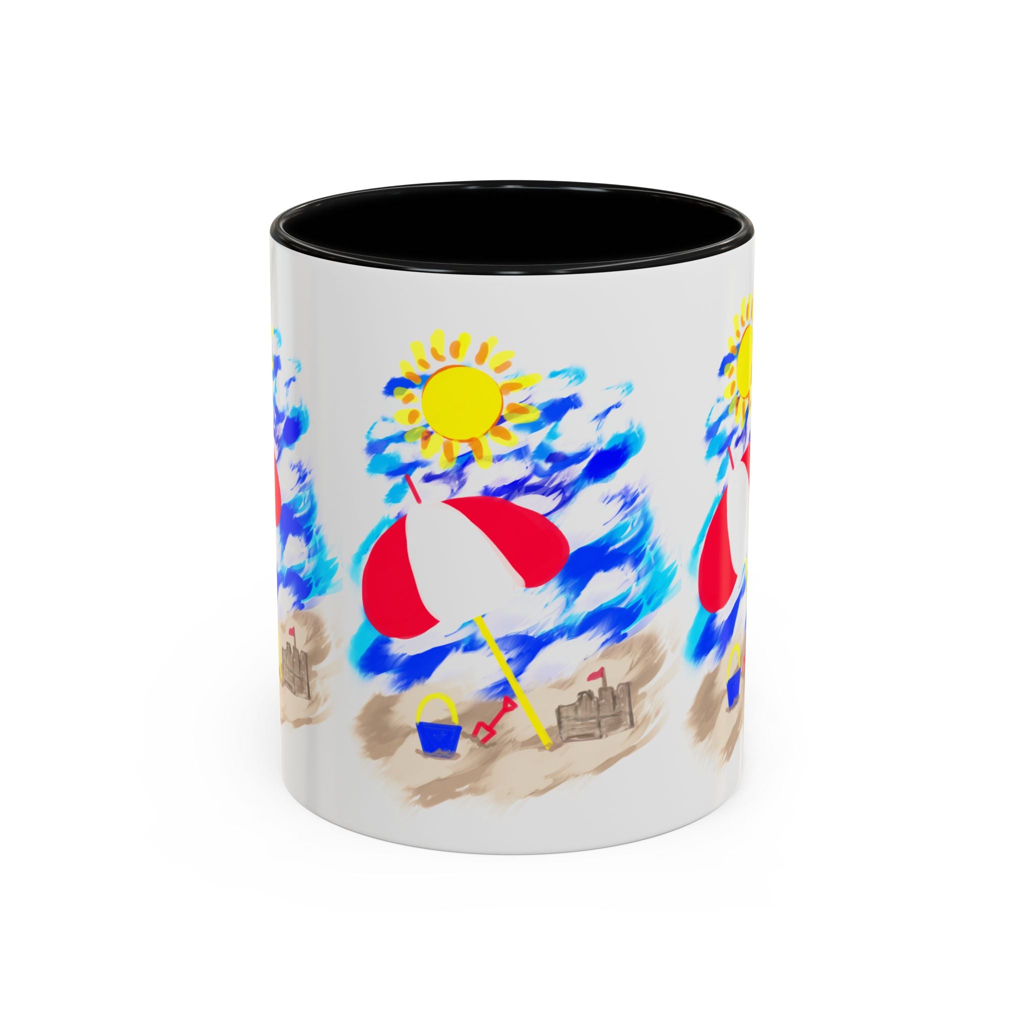 Beach Scene Coffee Mug – Summer Umbrella, Sun & Sandcastle Accent Mug