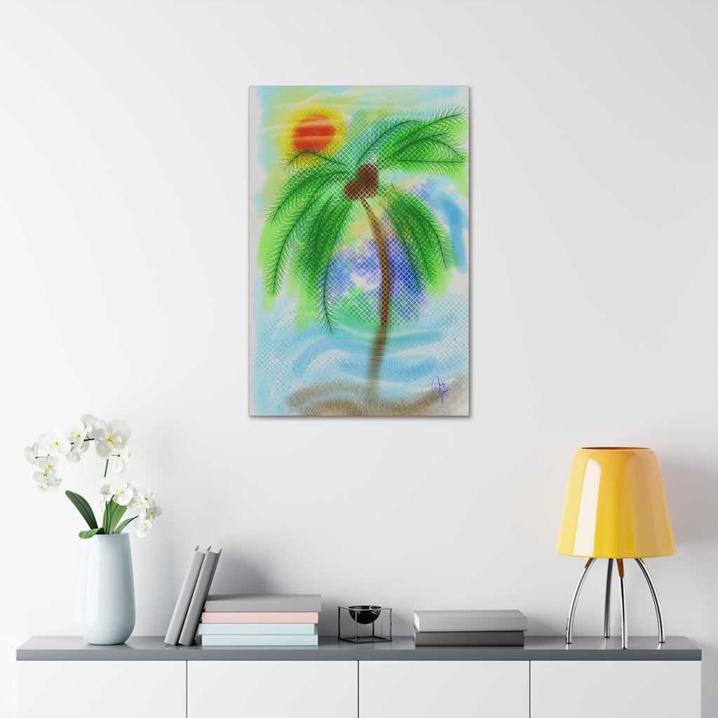 Tropical Palm Canvas Print – Heart Coconut Sunset Wall Art, Stretched 1.5"